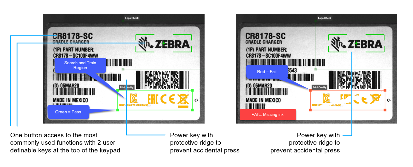 Elements for data labeling on a label are detected by machine vision.