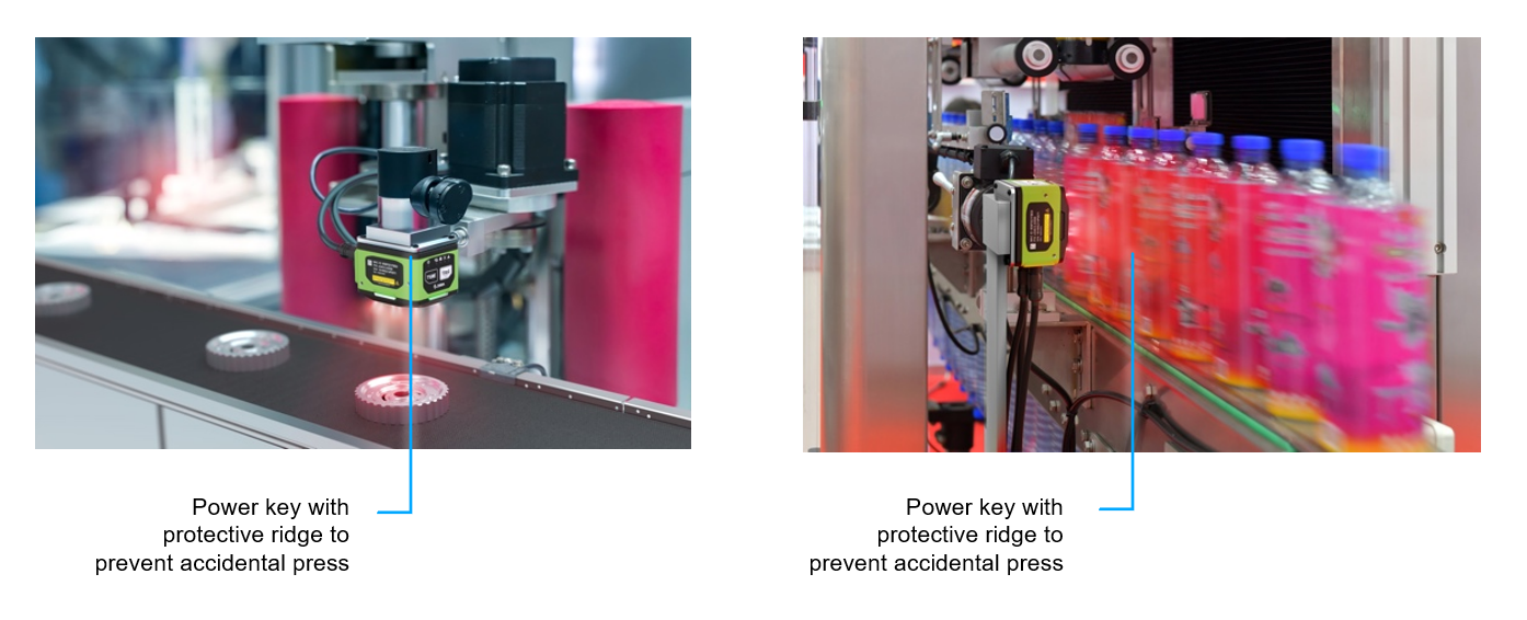 Machine vision smart camera verifying items on bottles in an assembly line.