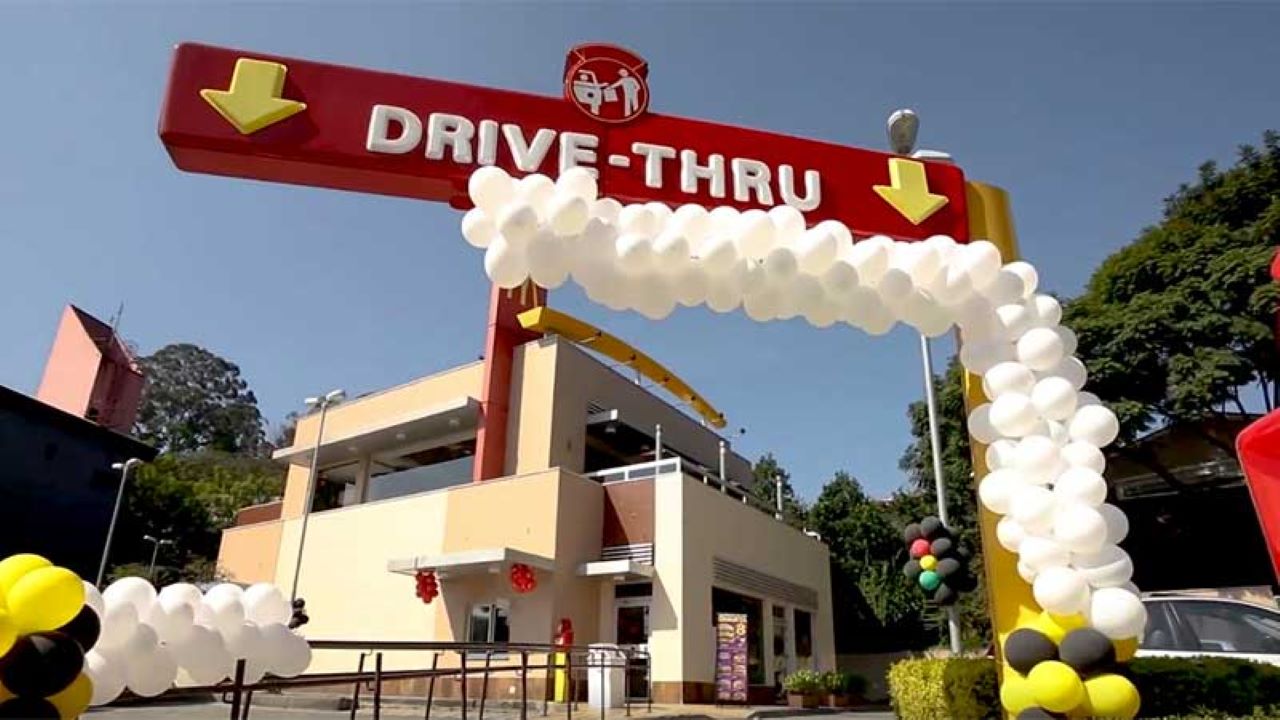 The front of a McDonald's drive through restaurant.