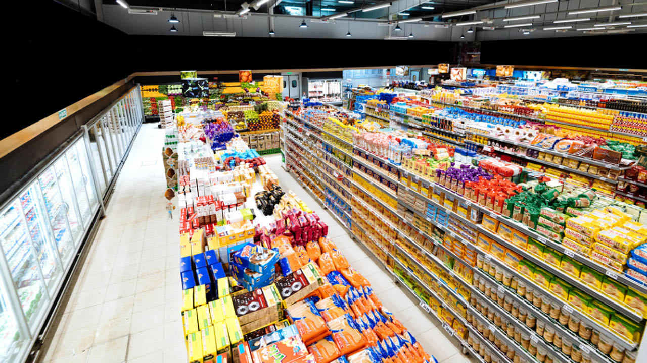 An overhead shot of grocery store aisles