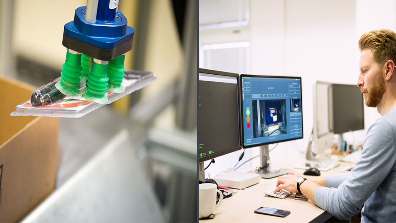 A manufacturing worker controls a robotic arm using Plus One sutomation software