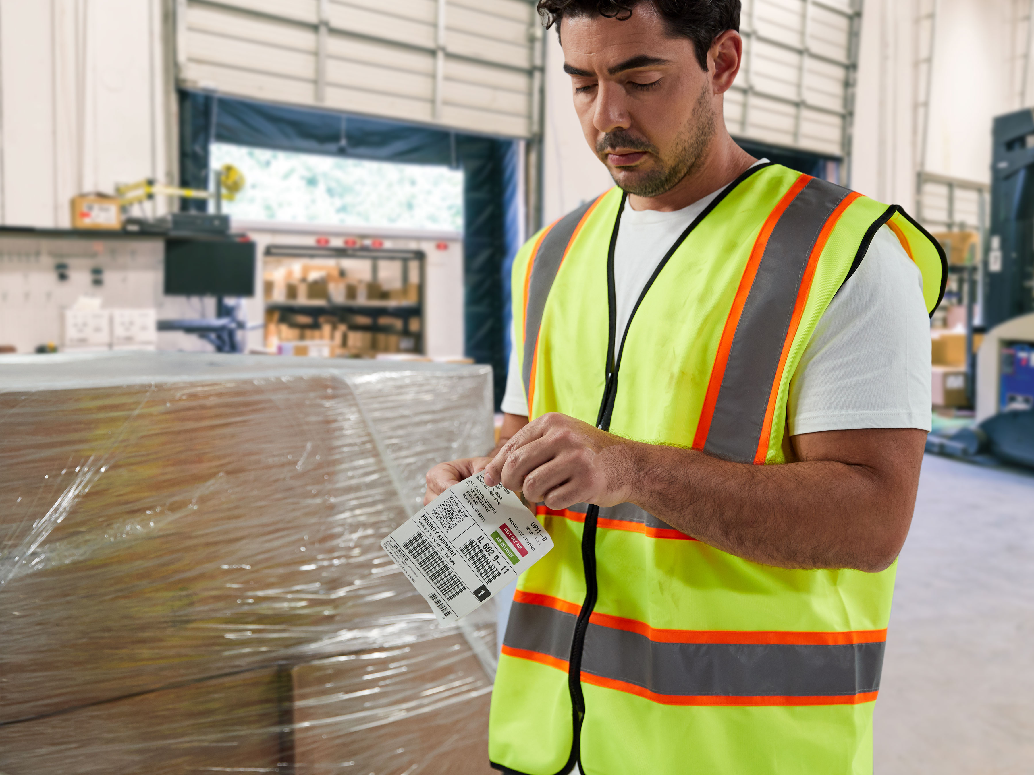 Front view of staff worker using paper labels within the warehouse.