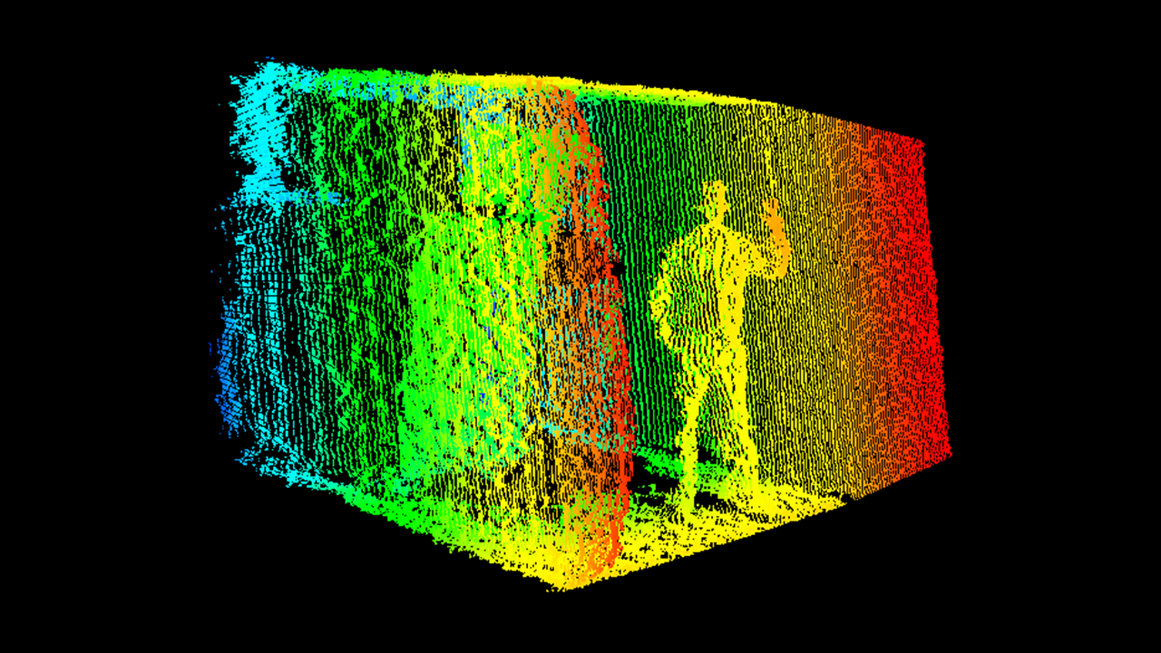 A picture of a man standing in a trailer captured using 3D sensor technology