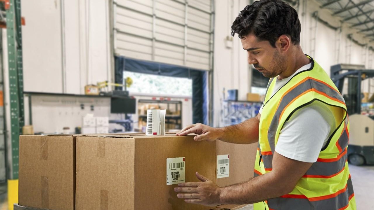 A warehouse worker applies a barcode label to a box in preparation for shipment