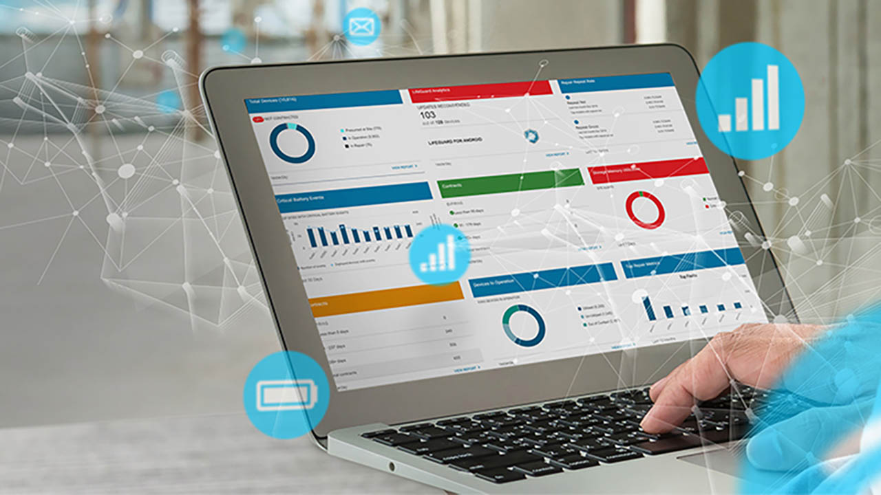 A person looks at laptop screen showing easy-to-understand dashboards with mobile device performance data