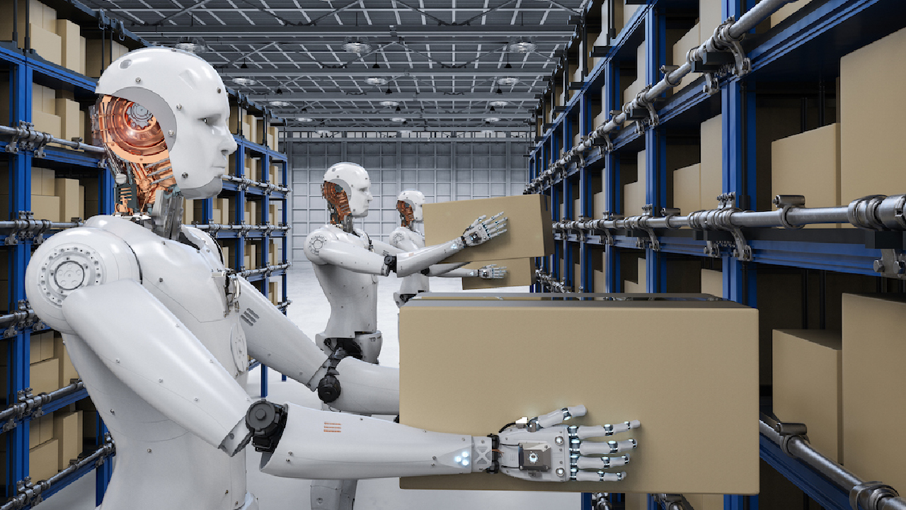 A robot taking a box off a warehouse shelf.