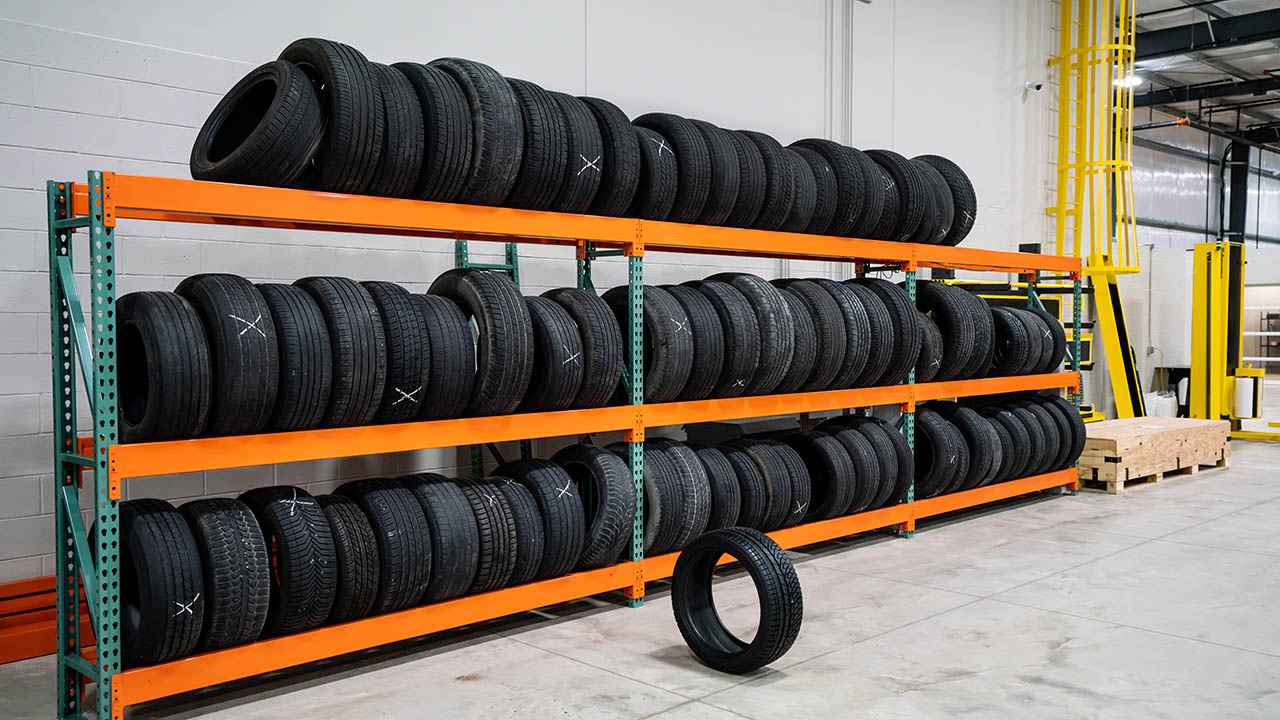 Tires sit on a rack at a shop