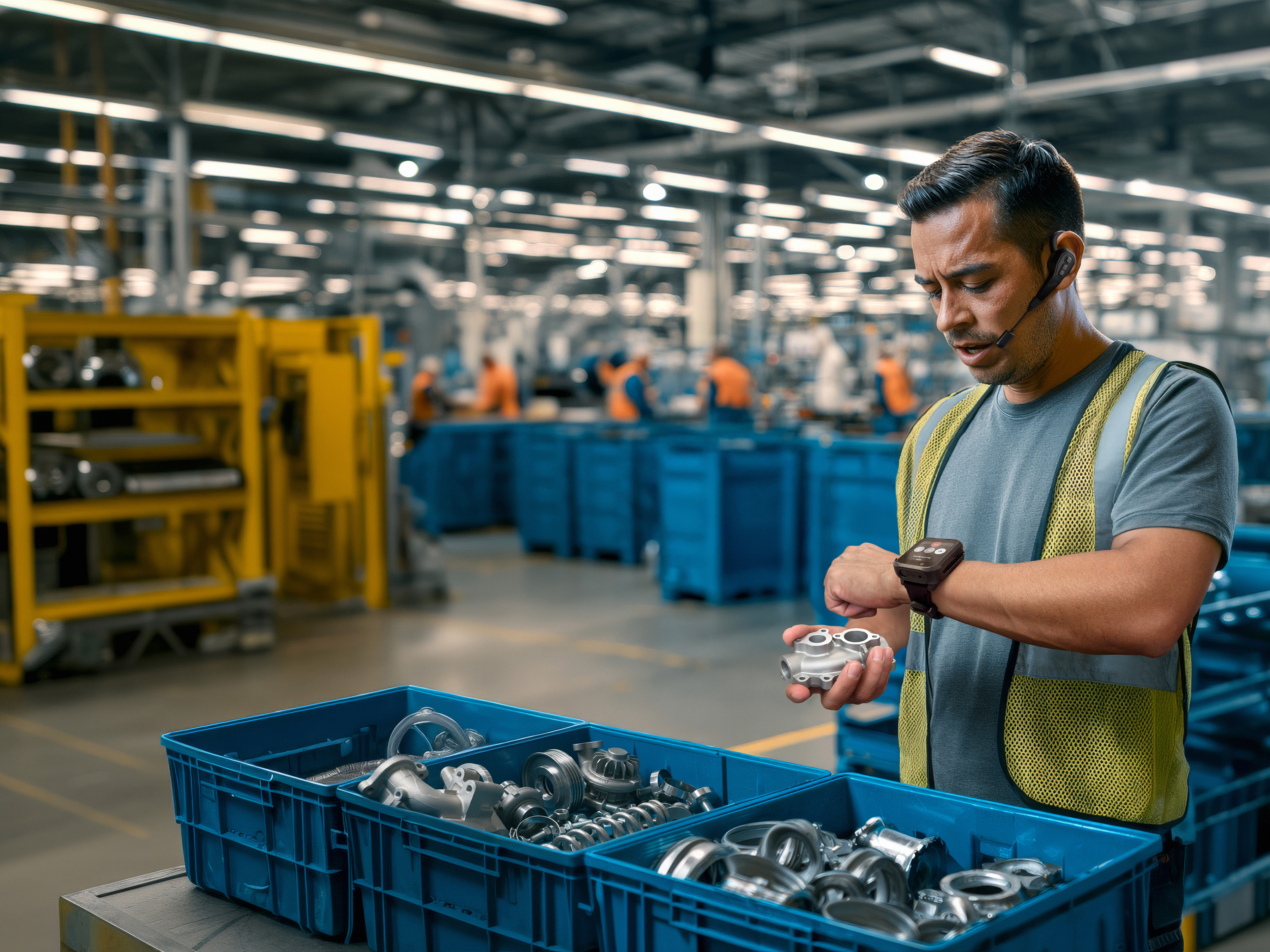 Photo of a manufacutring worker at a production floor with a WS301 on the wrist, using Workcloud Sync to sort parts. This image was generated with the assistance of AI tools and may not depict real people, places, or events.