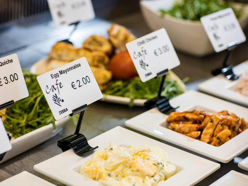 Food safe label cards on a buffet line