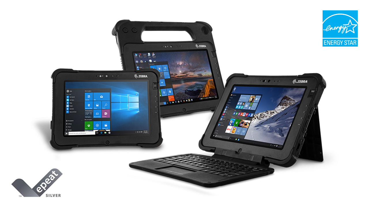 The Zebra L10 rugged tablet portfolio with the EPEAT and Energy Star logos