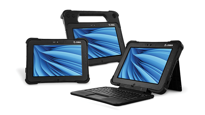 The Zebra XSLATE L10 rugged slate tablet, XPAD L10 rugged tablet with a top handle and XBOOK L10 2-in-1 rugged tablet