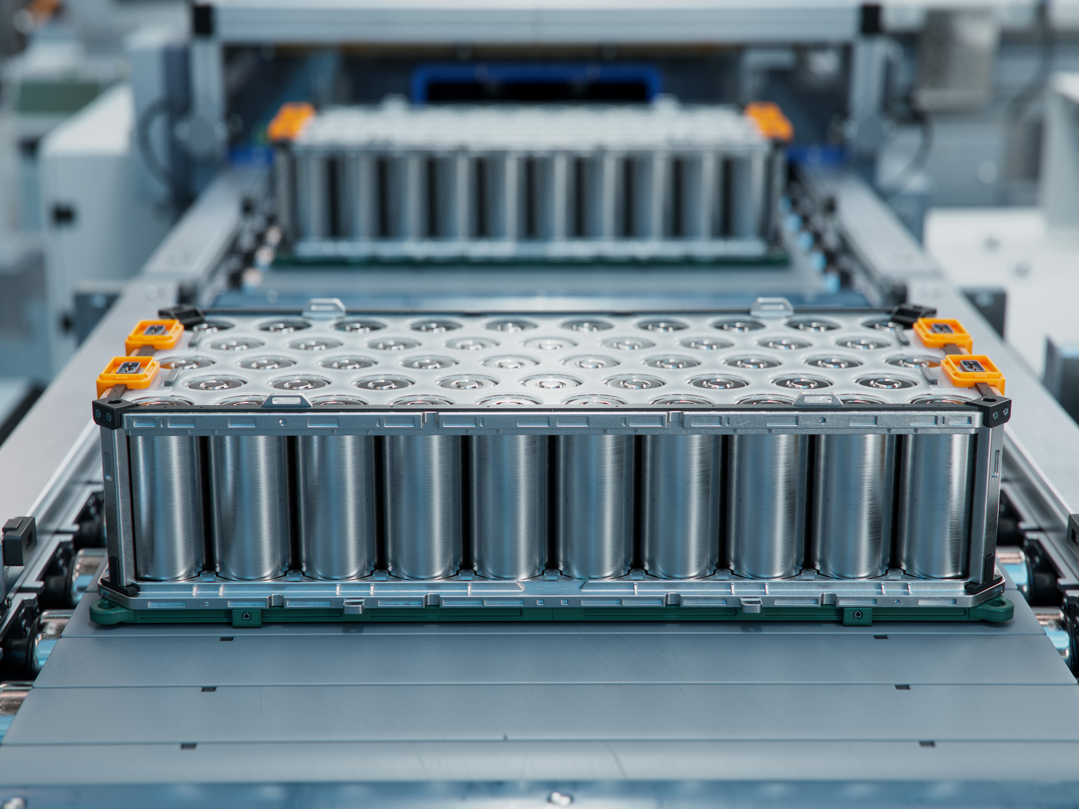EV Battery Module for Automotive Industry on Production Line. Lithium-ion High-voltage Battery Component for Electric Vehicle or Hybrid Car. High Capacity Battery on Conveyor.