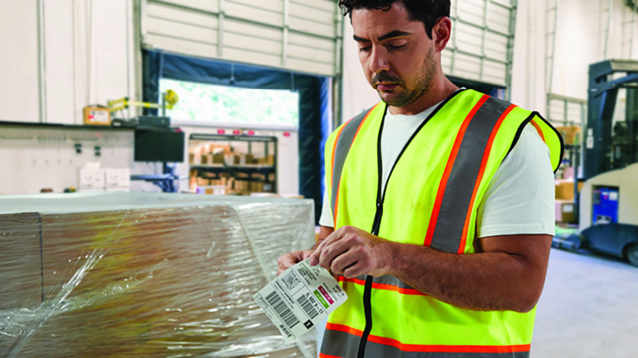 A warehouse worker peels a label off its back to apply to nearby boxes