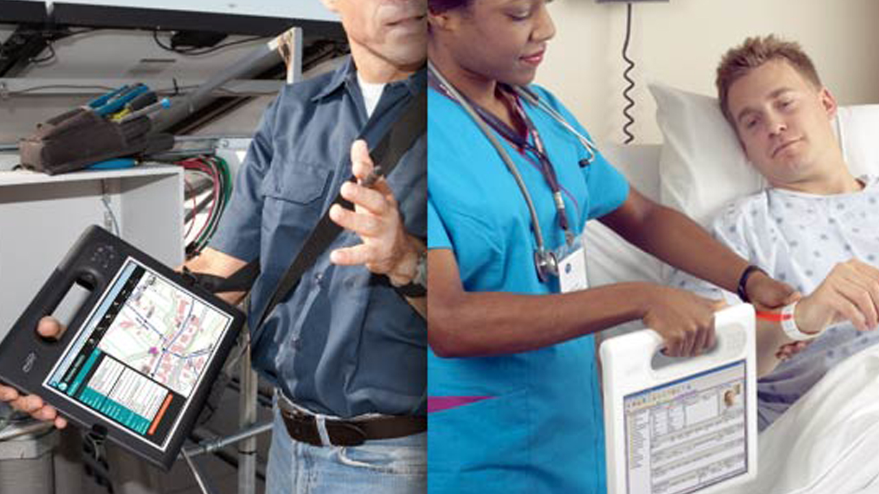 A side-by-side photo of the Zebra hard handled rugged tablet being used by a field service worker and a healthcare worker at a patient's bedside.