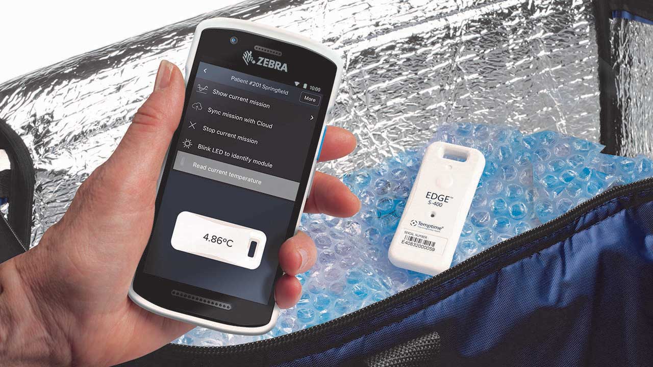 A Temptime temperature monitoring solution and a Zebra handheld mobile computer