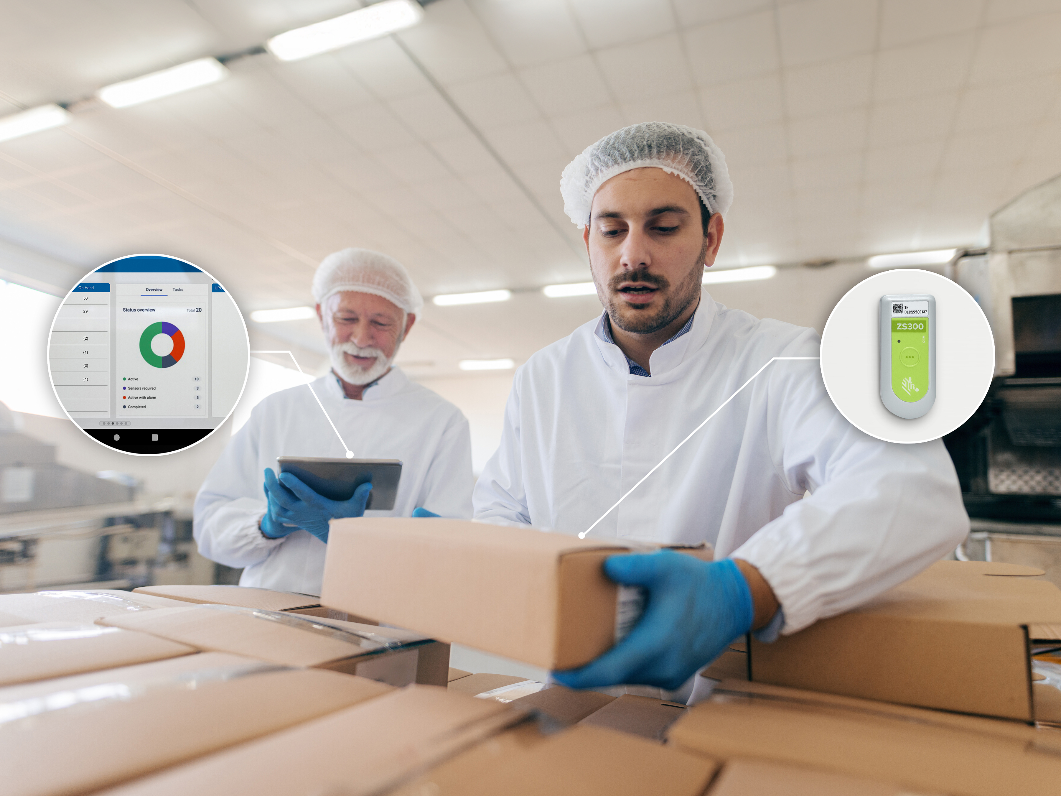Workers staging boxes of products with Zebra electronic sensor and tablet