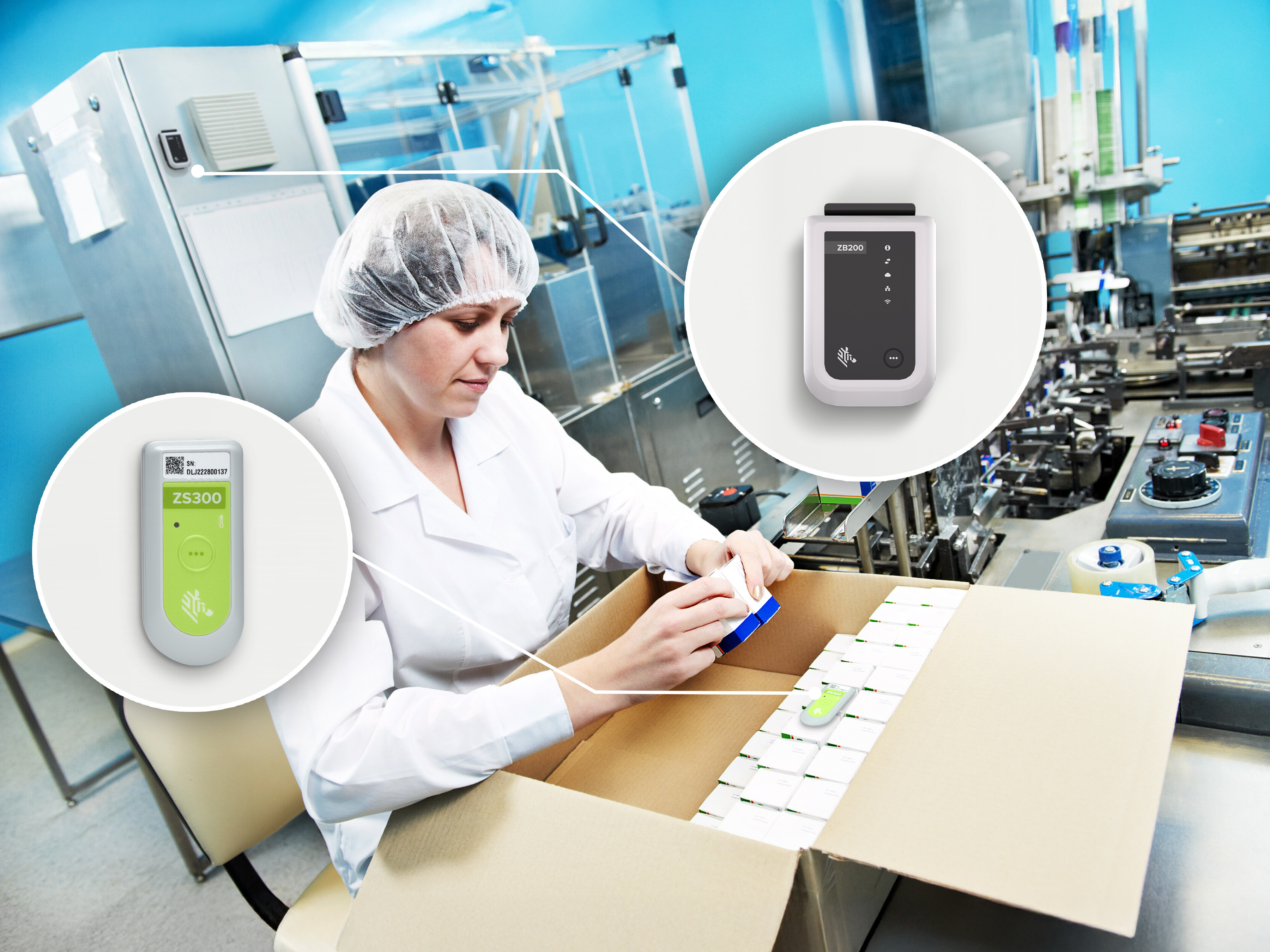 Pharmacy worker packing medical products with Zebra electronic sensors