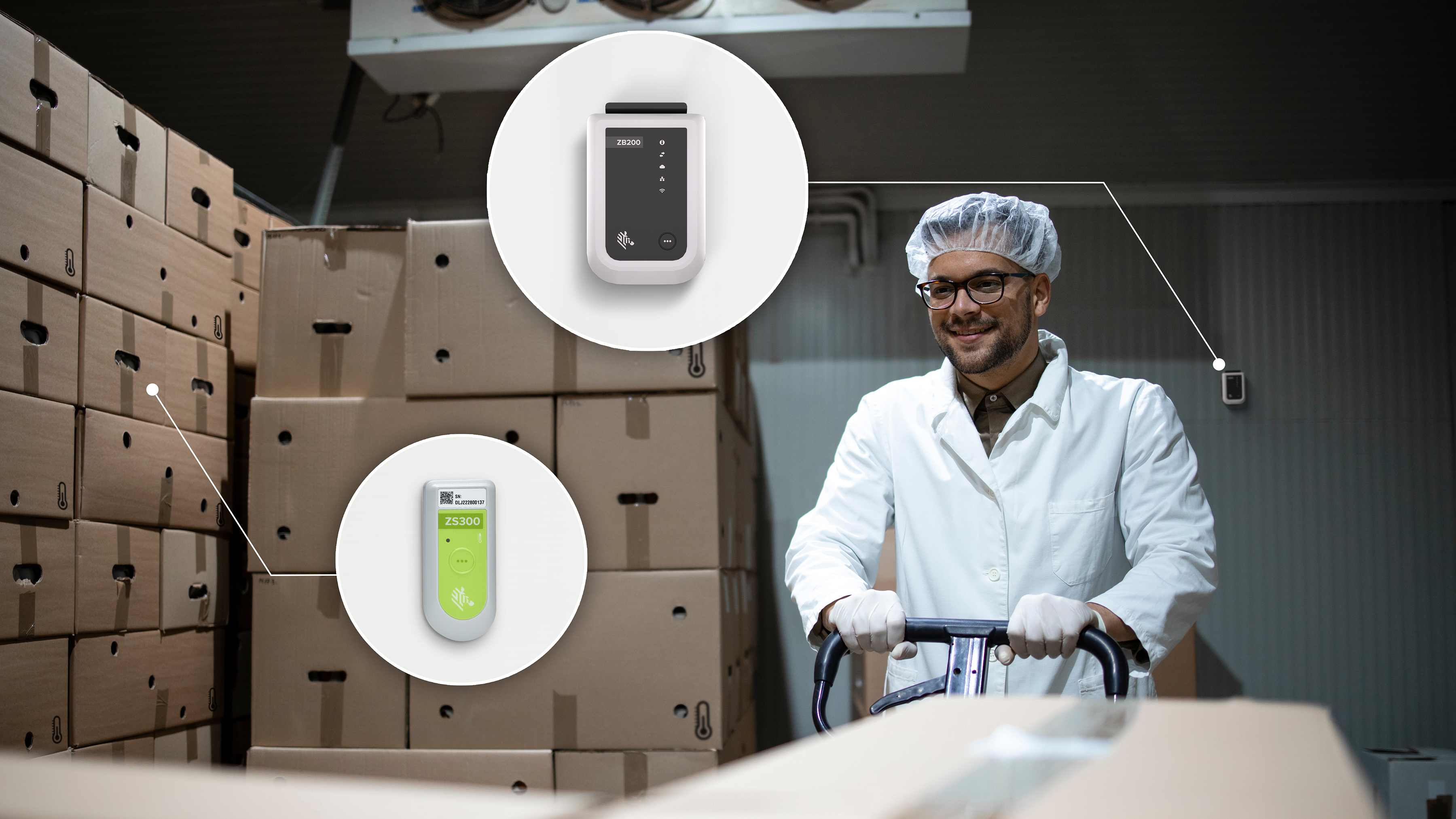Worker holding a cart with boxes using Zebra cold chain sensors