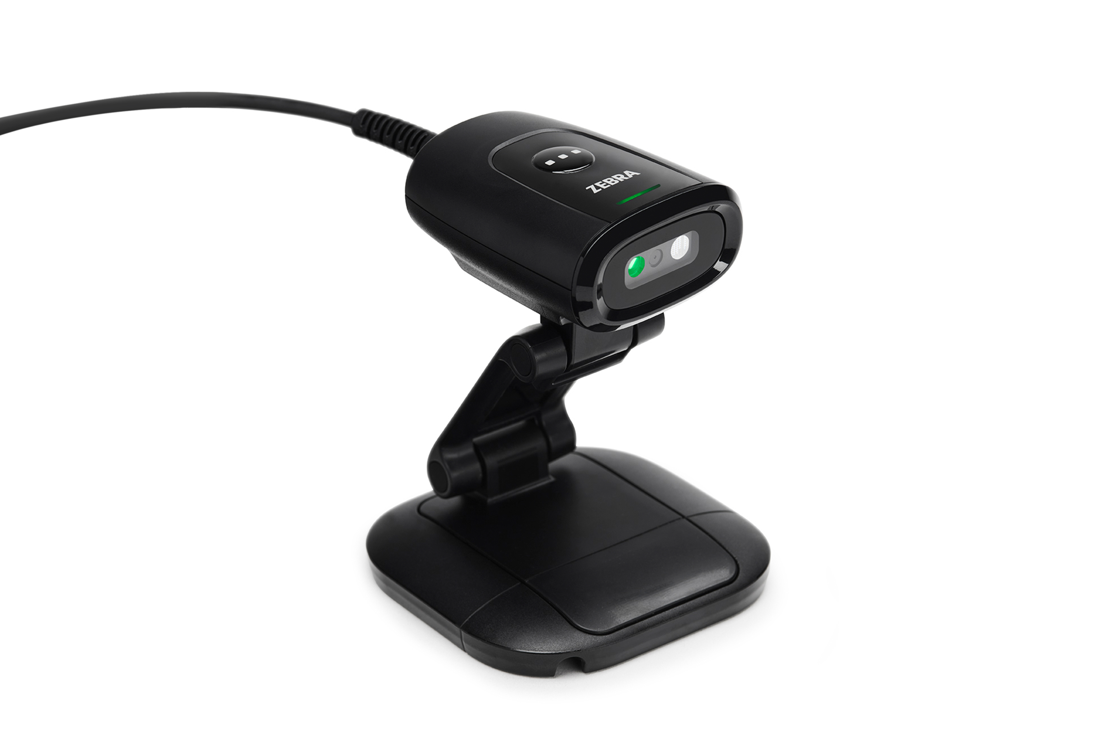 Front Right of Zebra DS457 hands-free scanner in black.