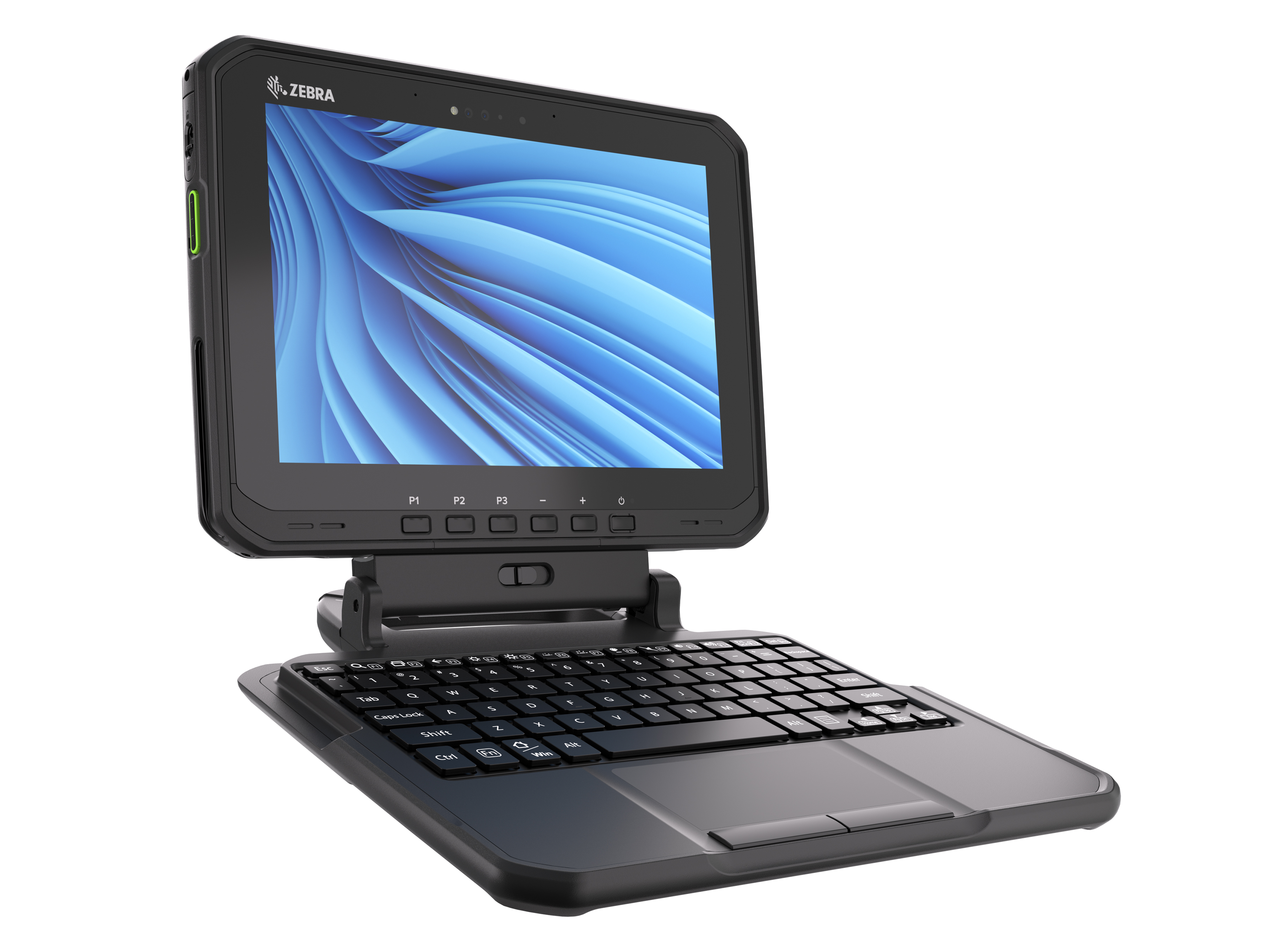 Front Right of Zebra ET6X tablet with keyboard in black.