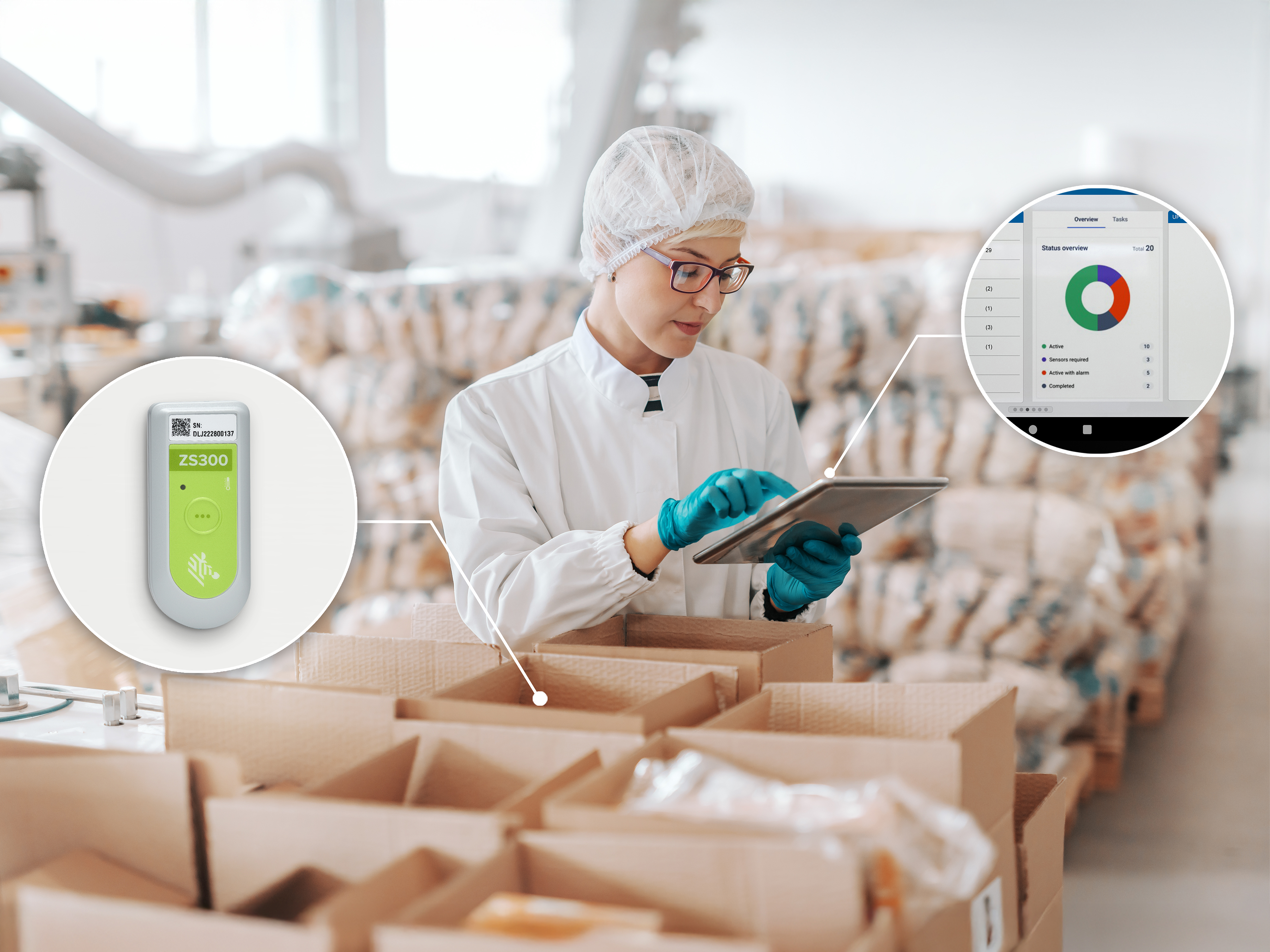 Worker monitoring packages with Zebra electronic sensor and tablet