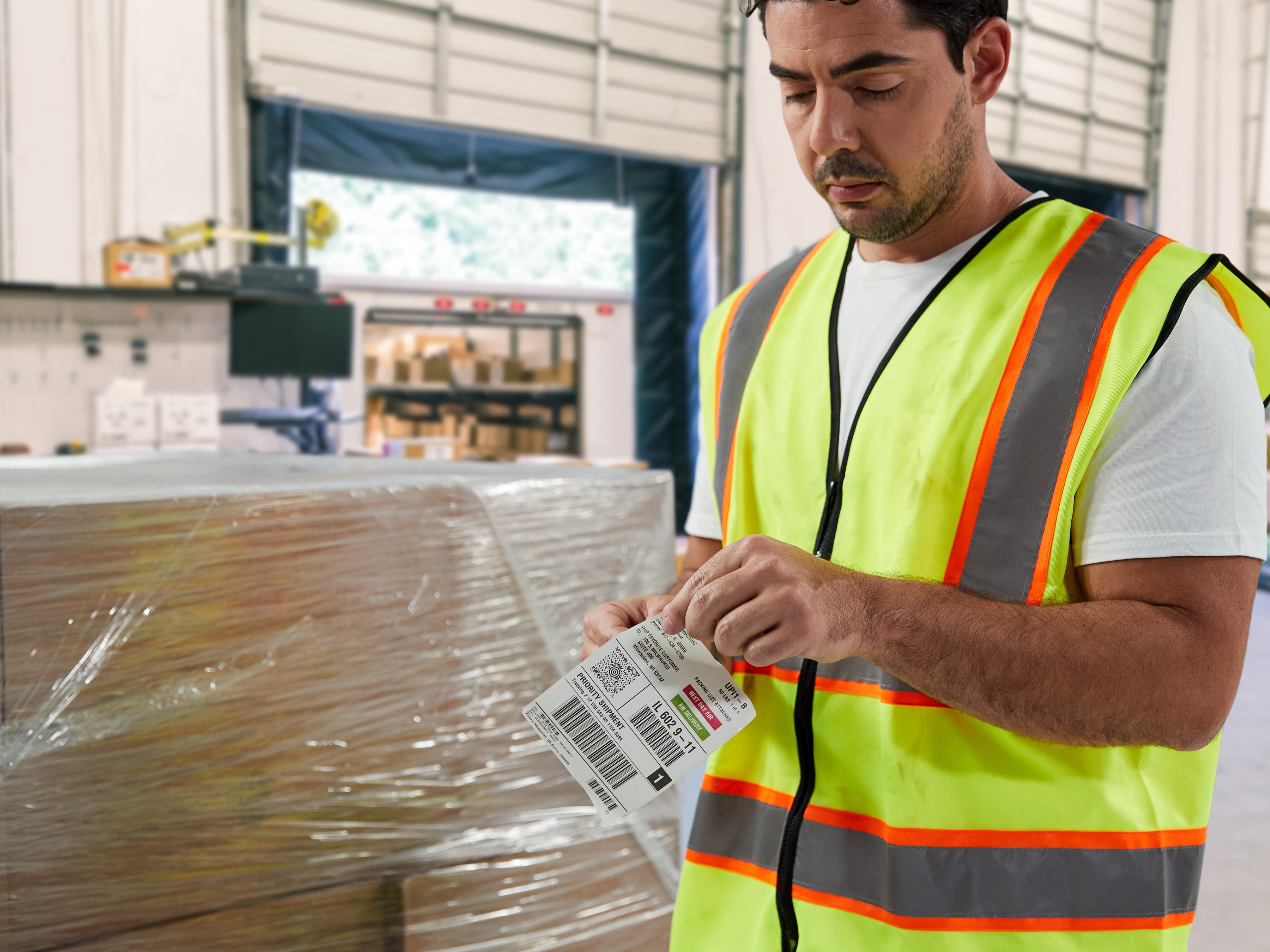 Worker preparing pallet labeling in warehouse setting.