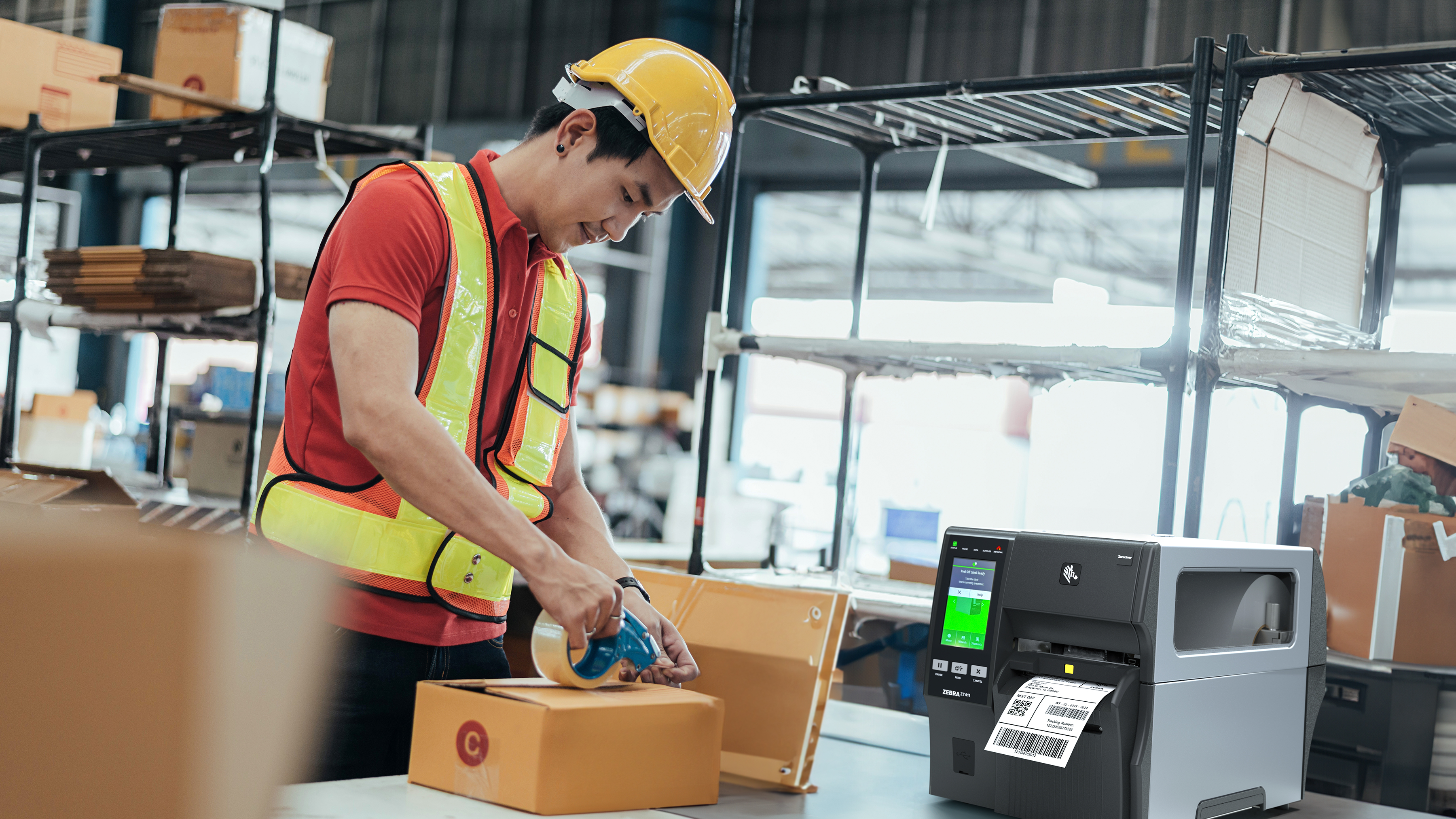 Warehouse worker fulfilling a shipment using a Zebra industrial printer.