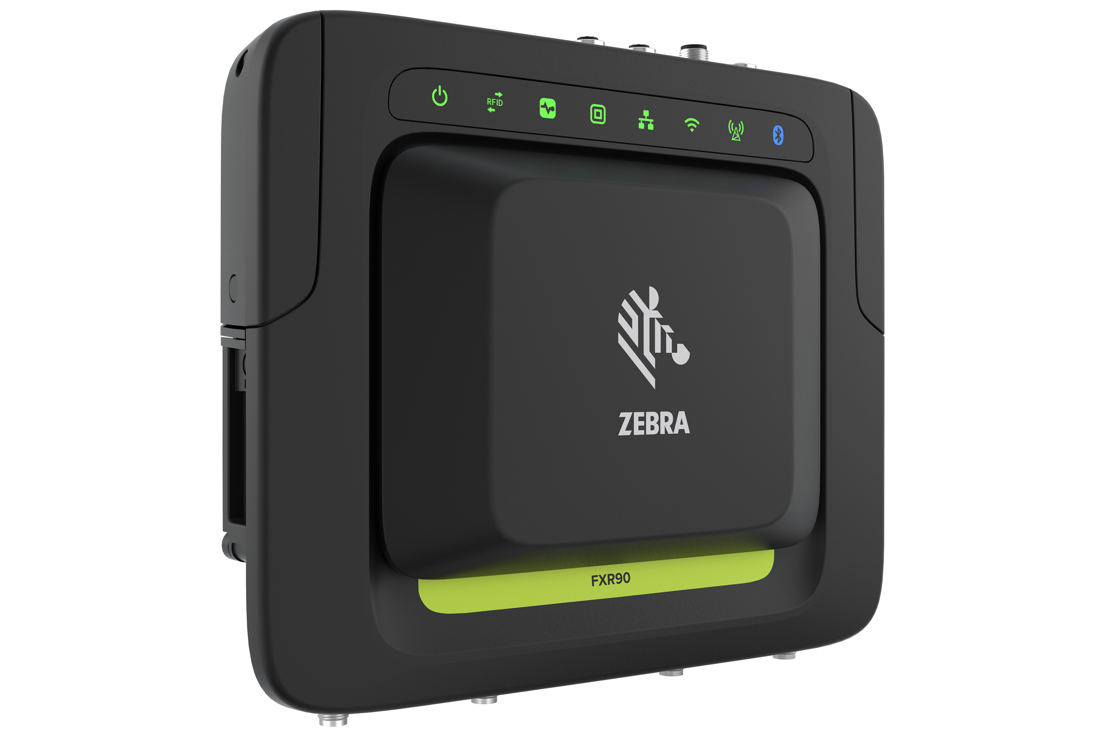 Close up of Zebra FXR90 5G RFID Reader in Black and Green