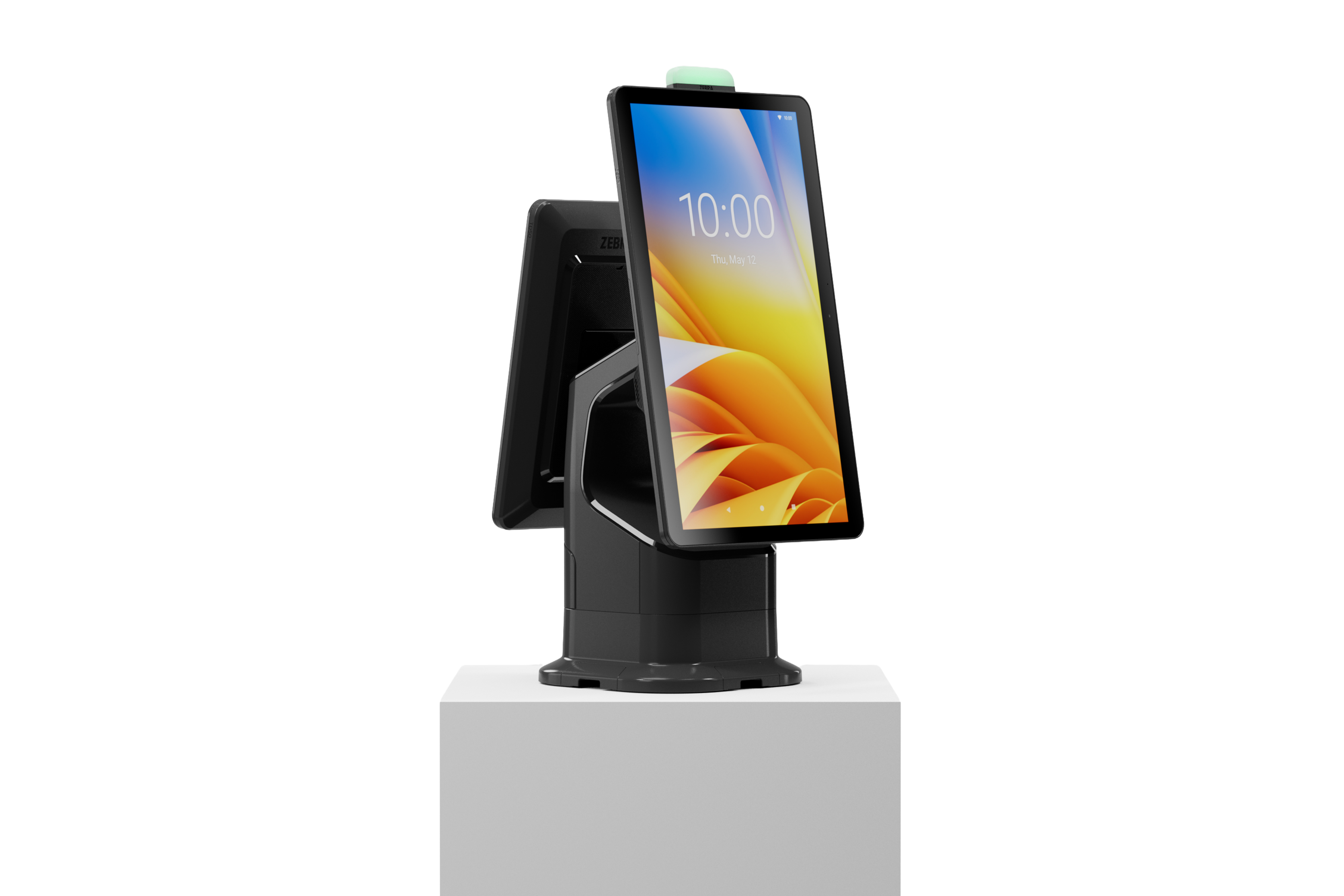 Front Right of Zebra KC50 Interactive Kiosk in black.