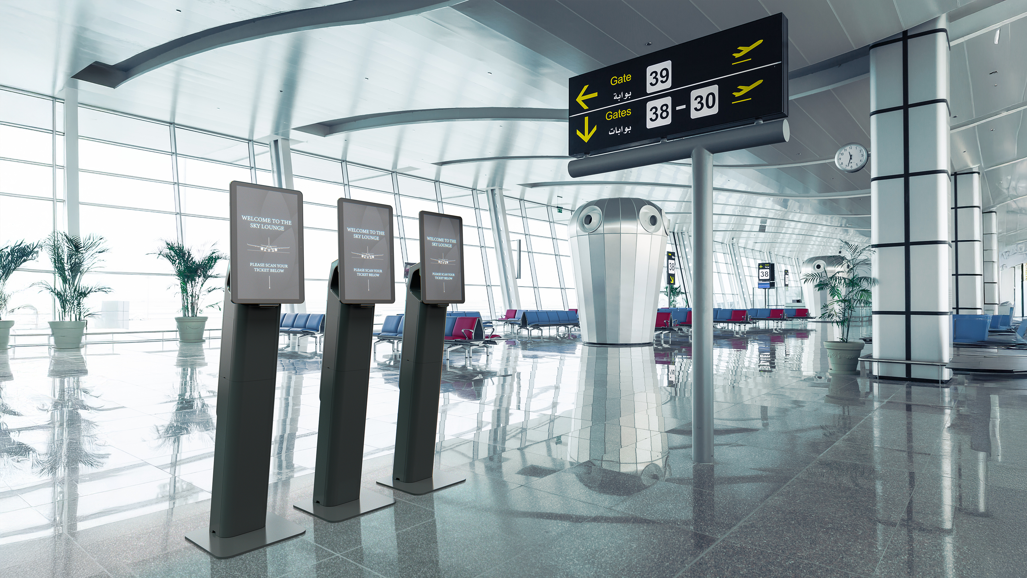 Three Zebra Interactive Kiosks in an airport terminal.