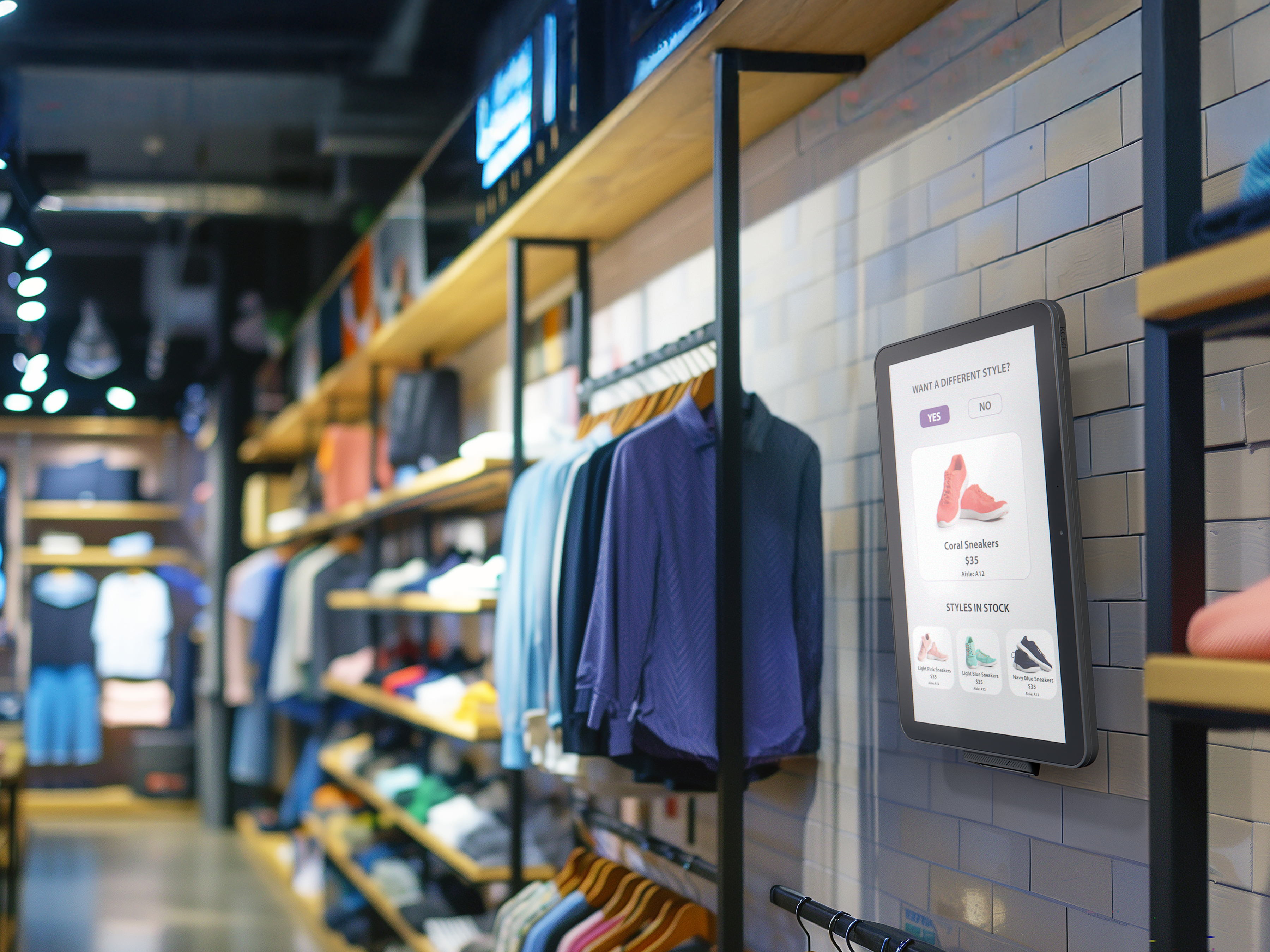 Zebra Interactive Kiosk displaying a pair of athletic sneakers in a retail setting.