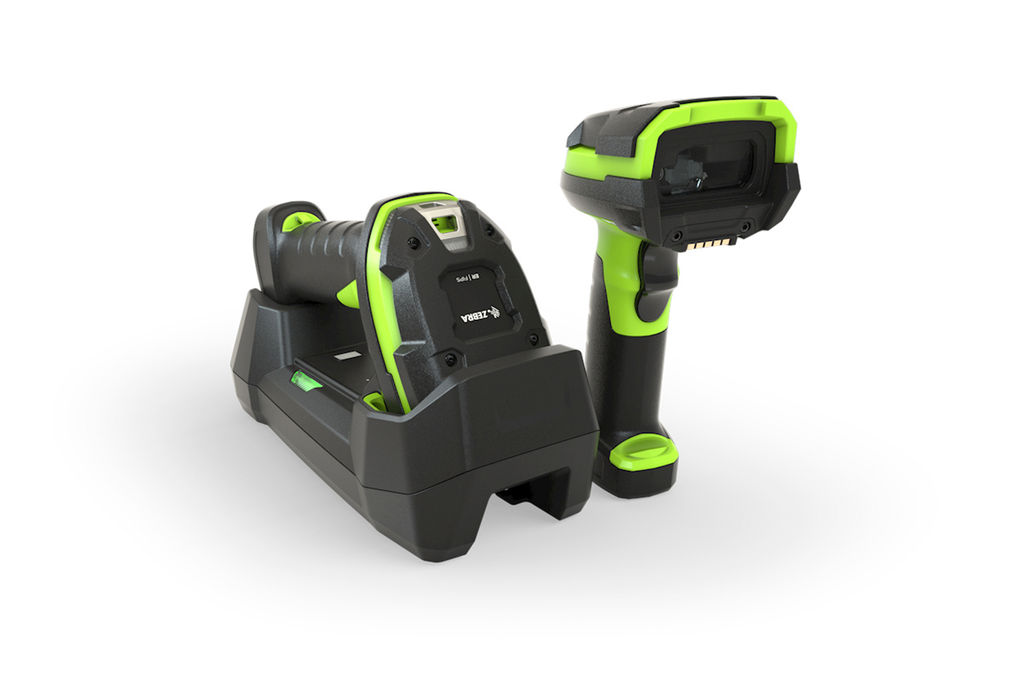 Front Right of Zebra LI3608-ER and LI3678-ER ultra rugged barcode scanners in black and green.