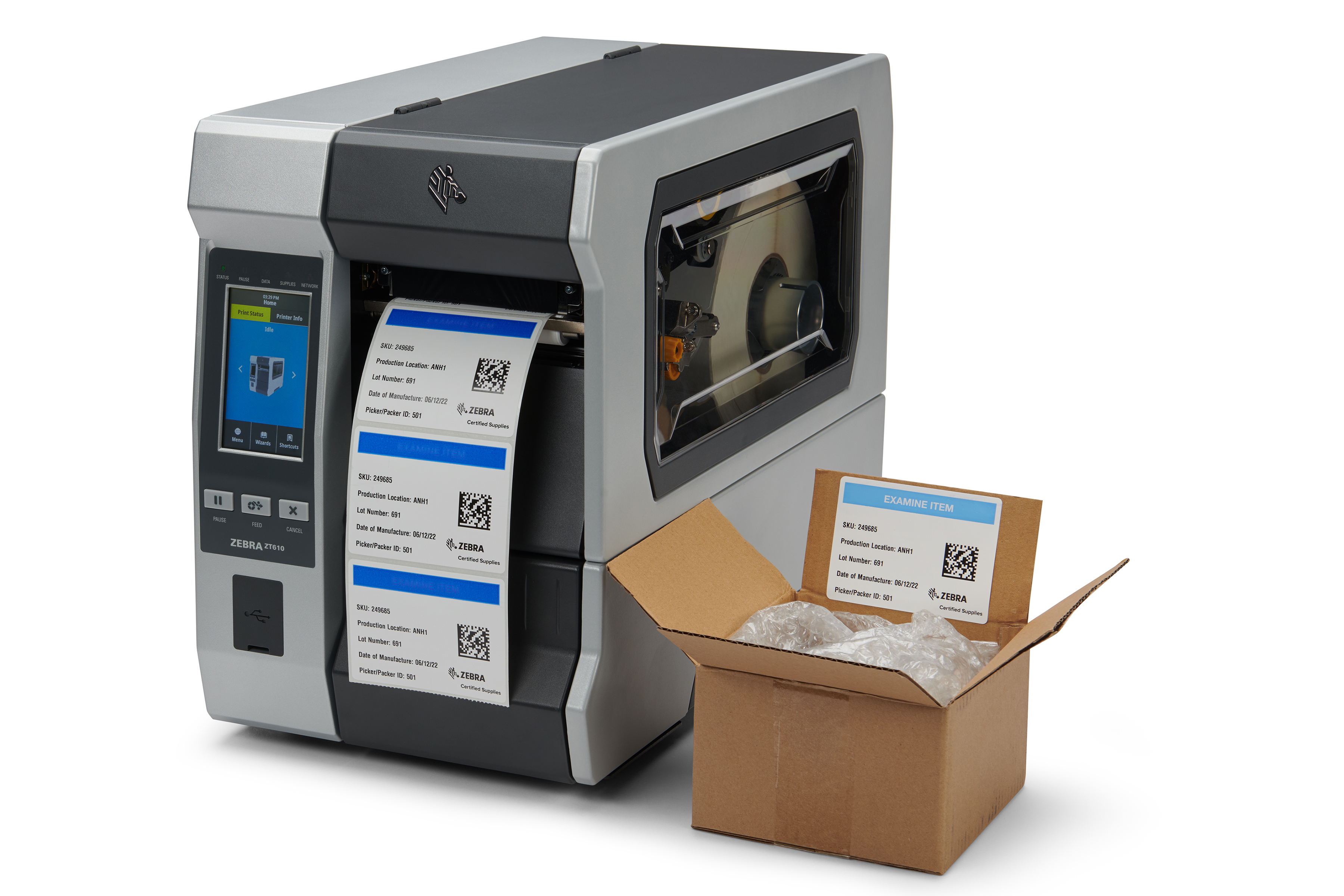 Zebra ZT610 Printable Indicators with an open box next to the printer