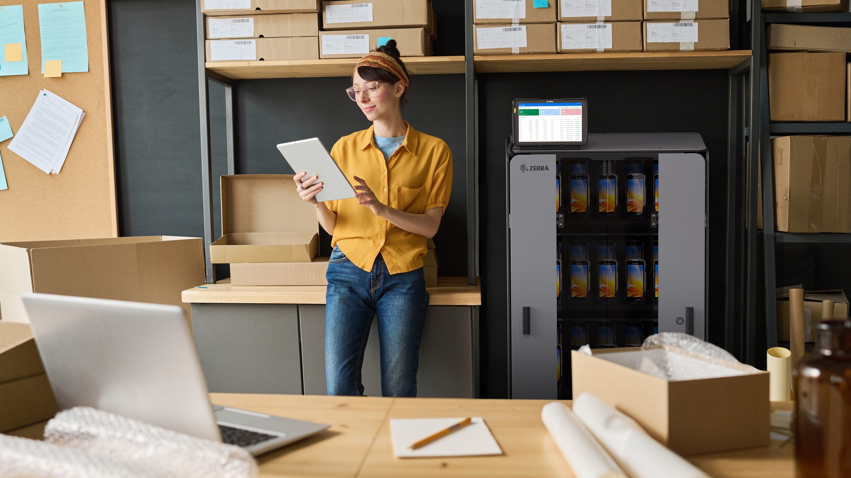 Person holding tablet in office space with guardian cabinet storage. 