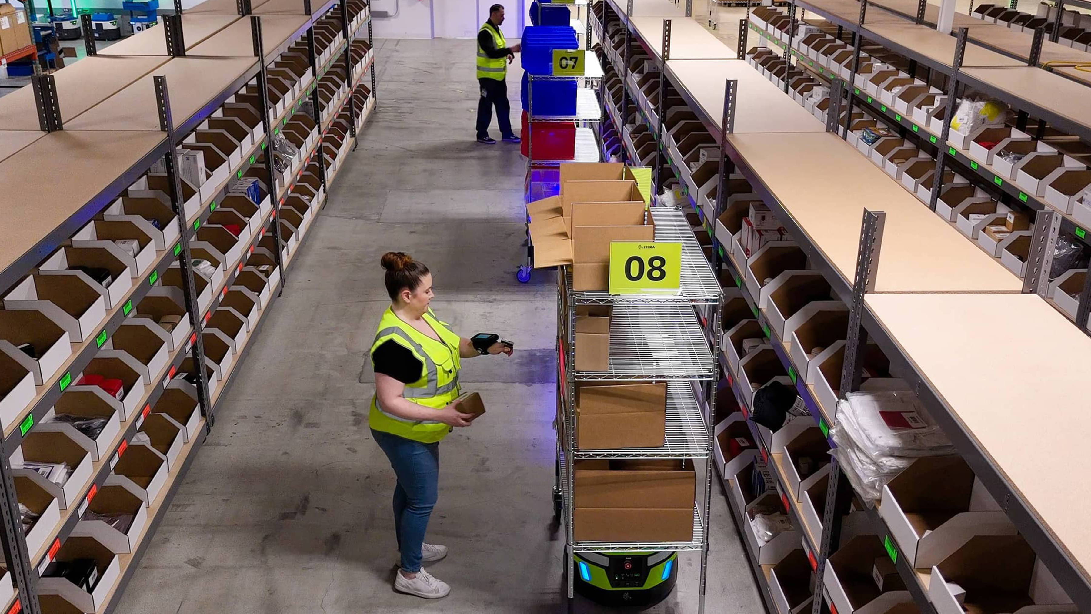 Warehouse staffs scanning boxes on Zebra mobile robot