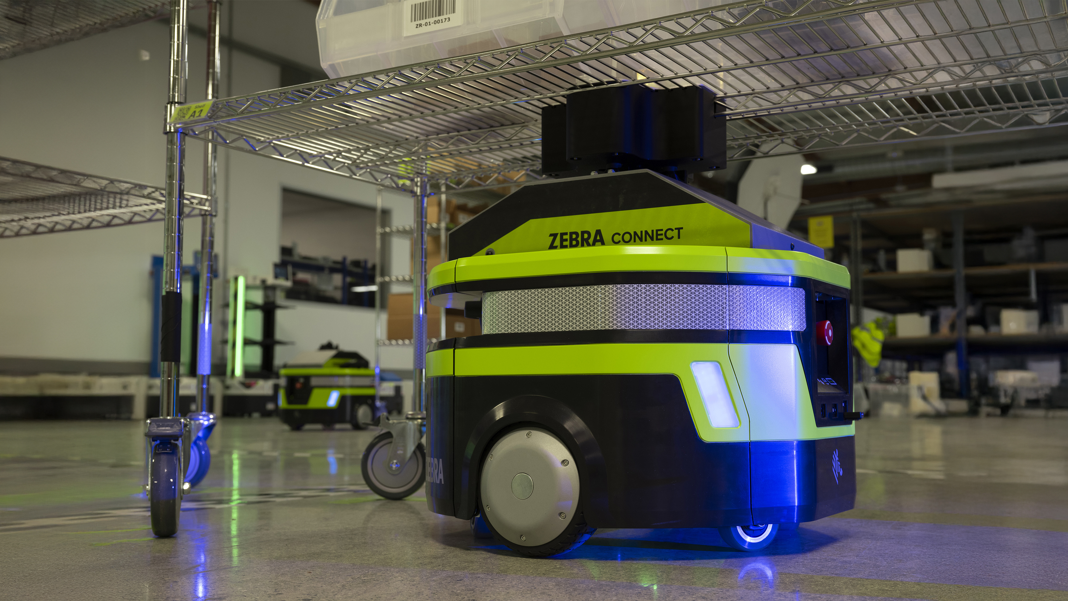 Close-up shot of Zebra mobile robot under the rack