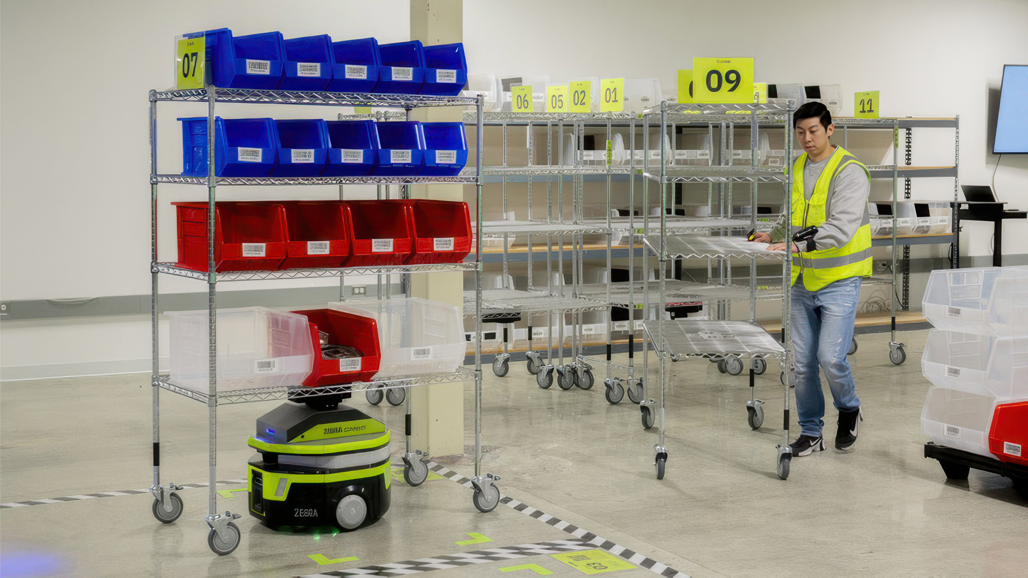 A warehouse worker staging racks next to a Zebra mobile robot