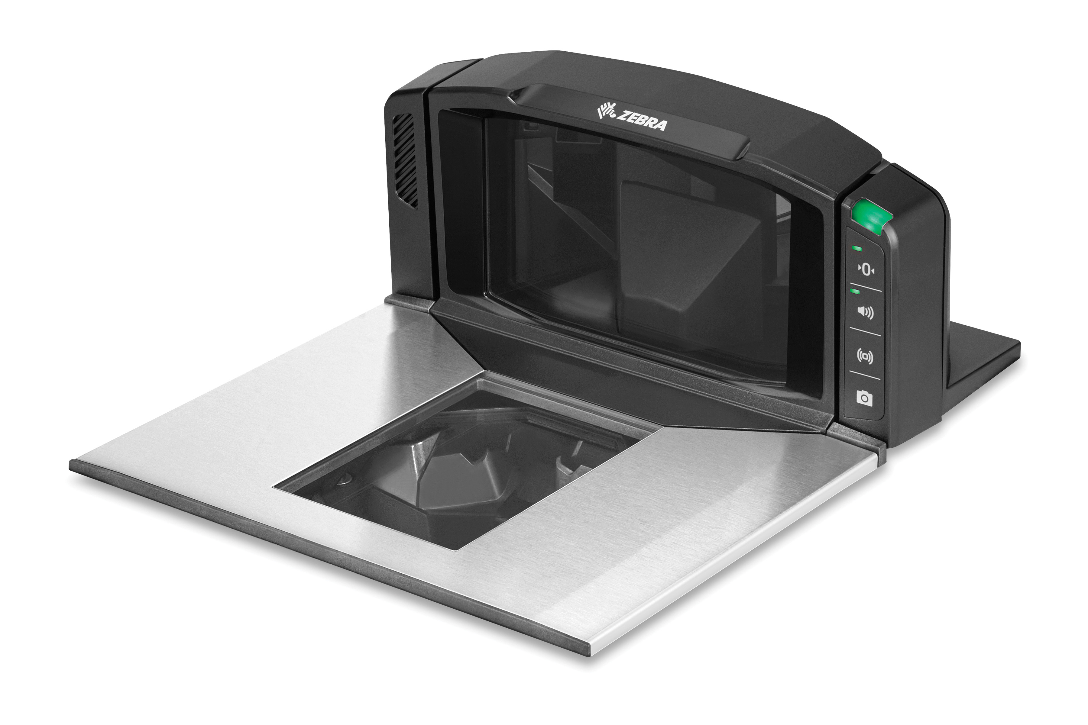 Front left of Zebra single-plane scanner in black.