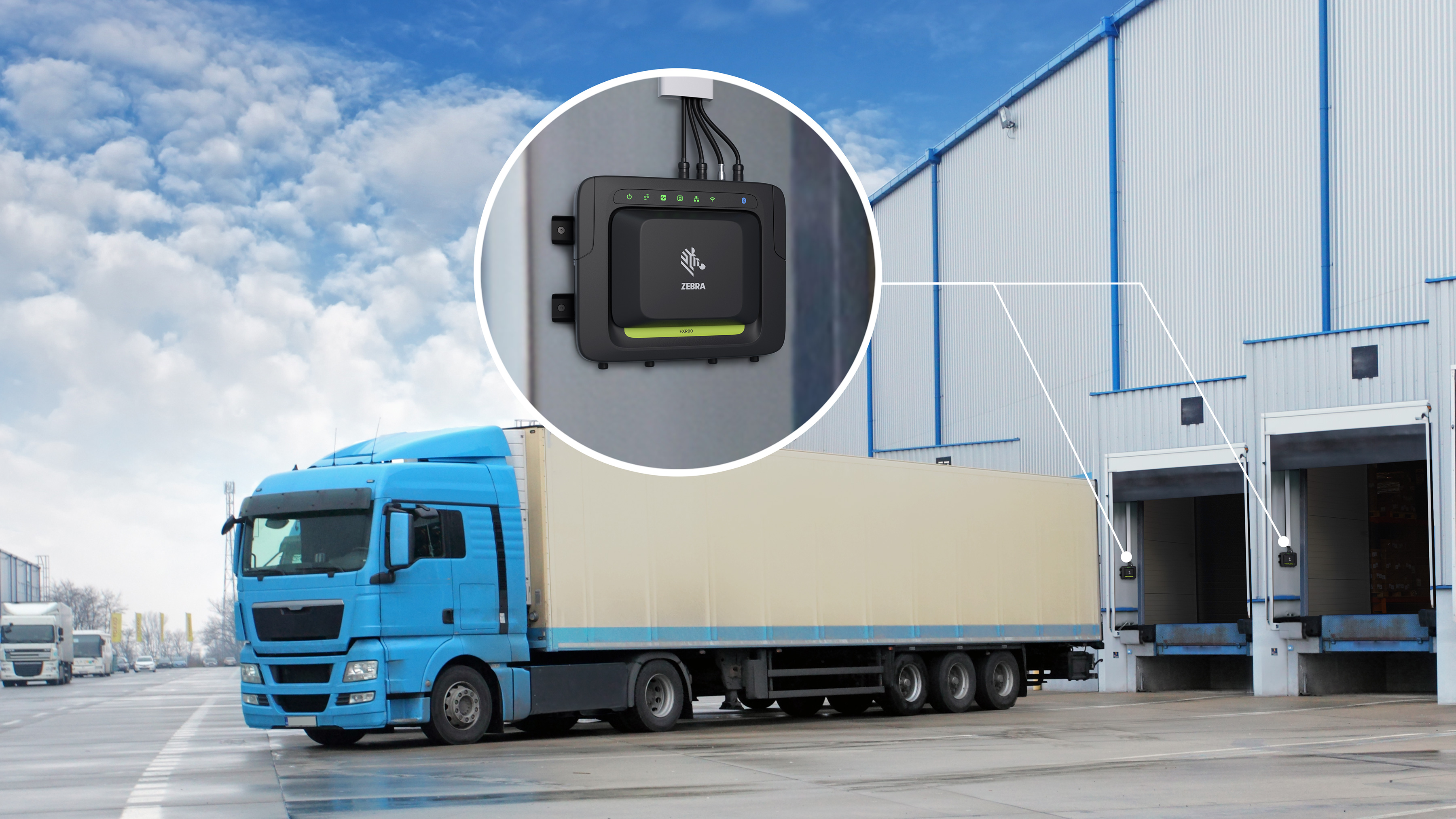 Blue truck for transportation and logistics parked outside a building with a Zebra RFID Reader