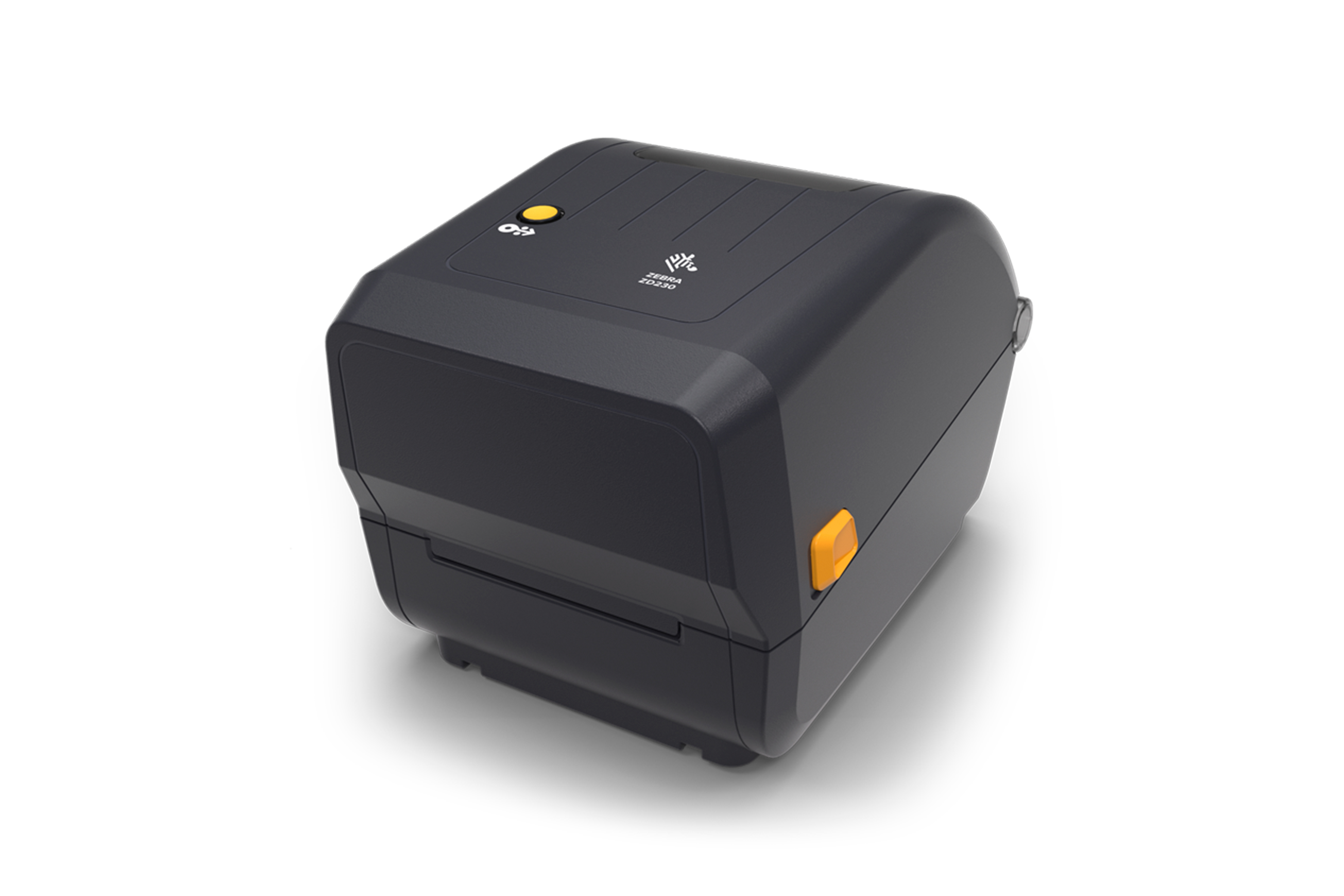 Front left of Zebra ZD230TA Desktop Printer in Black.