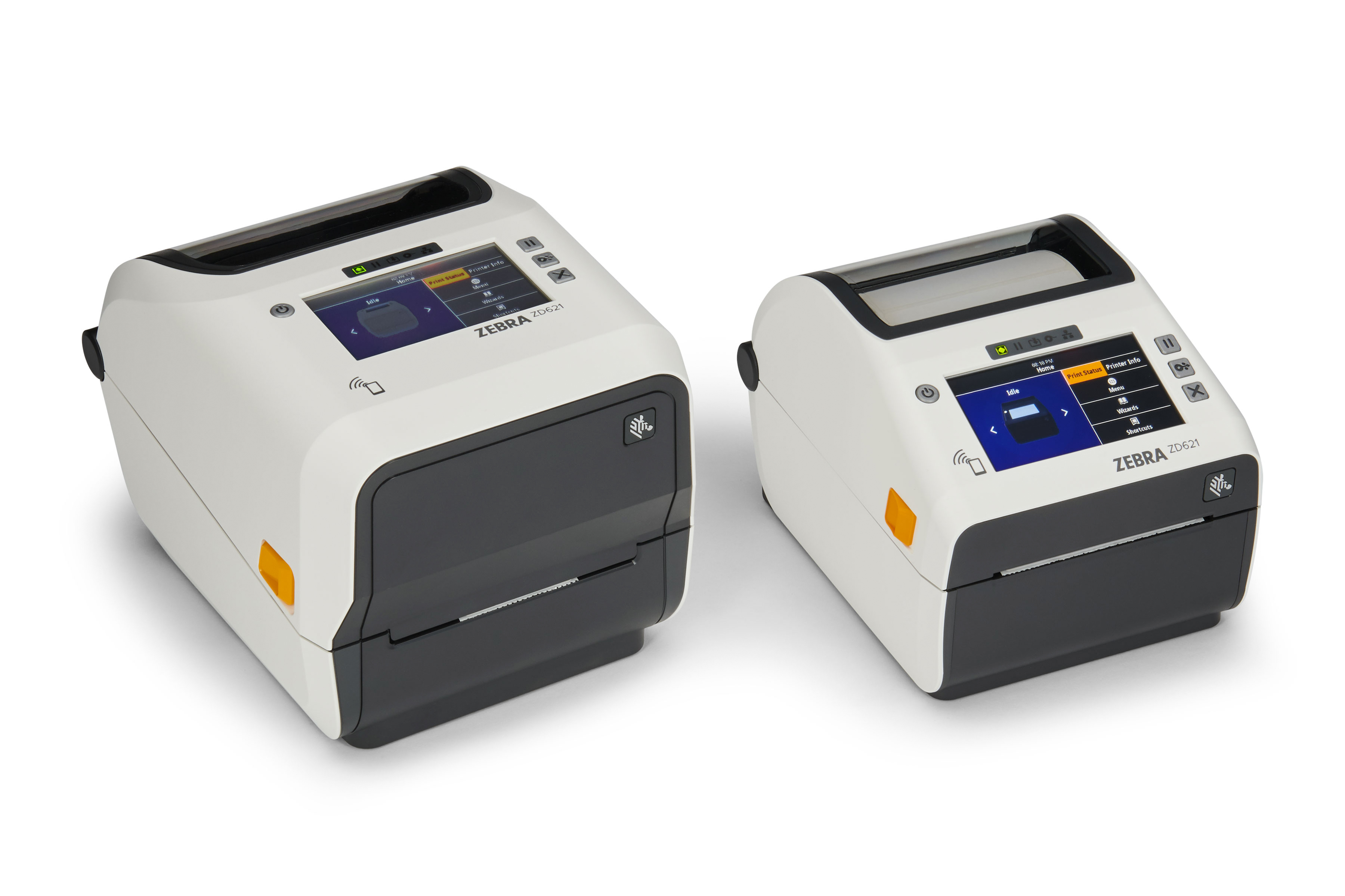 Front of Zebra ZD600-HC Desktop Printer in white.