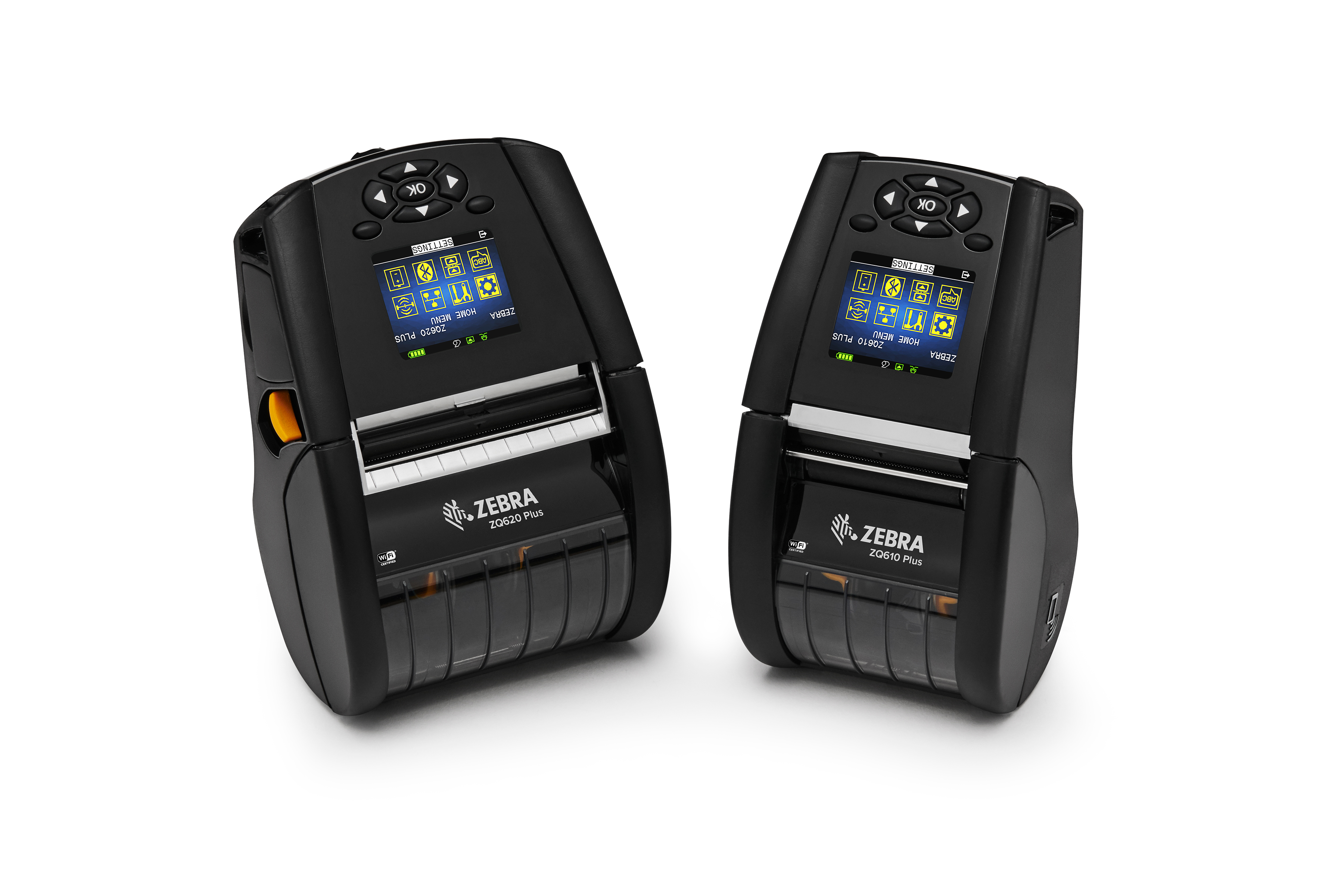 Front left of Zebra ZQ620 Plus and front right of Zebra ZQ610 Plus mobile printers in black. 