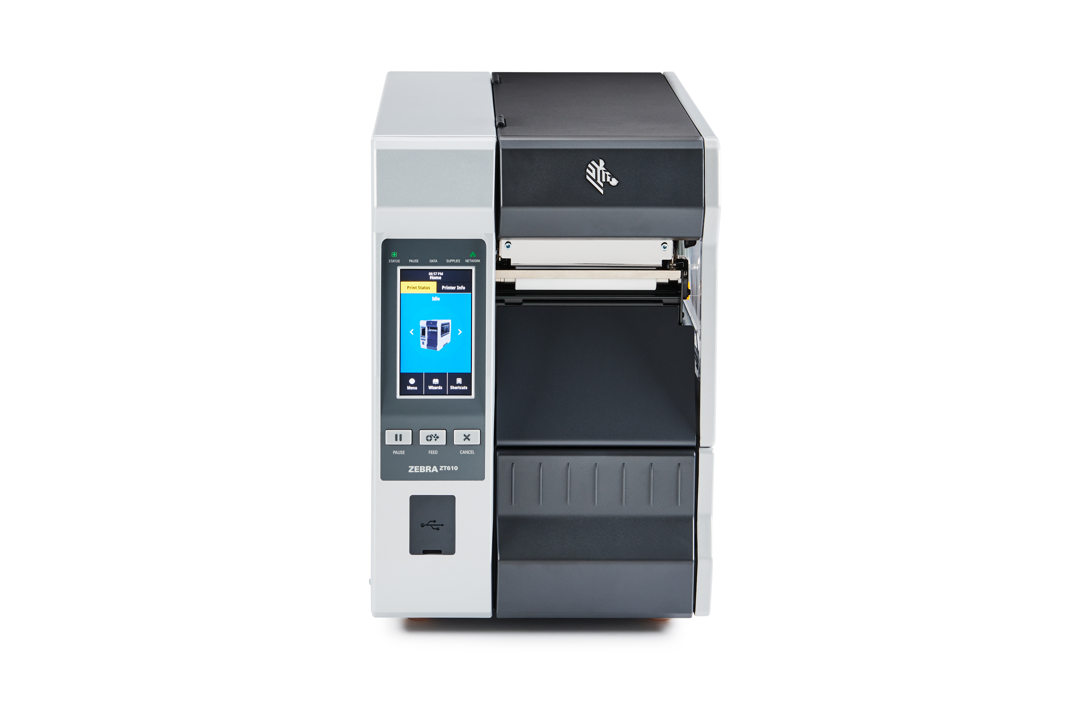 Front of Zebra ZT610 industrial printer in grey.
