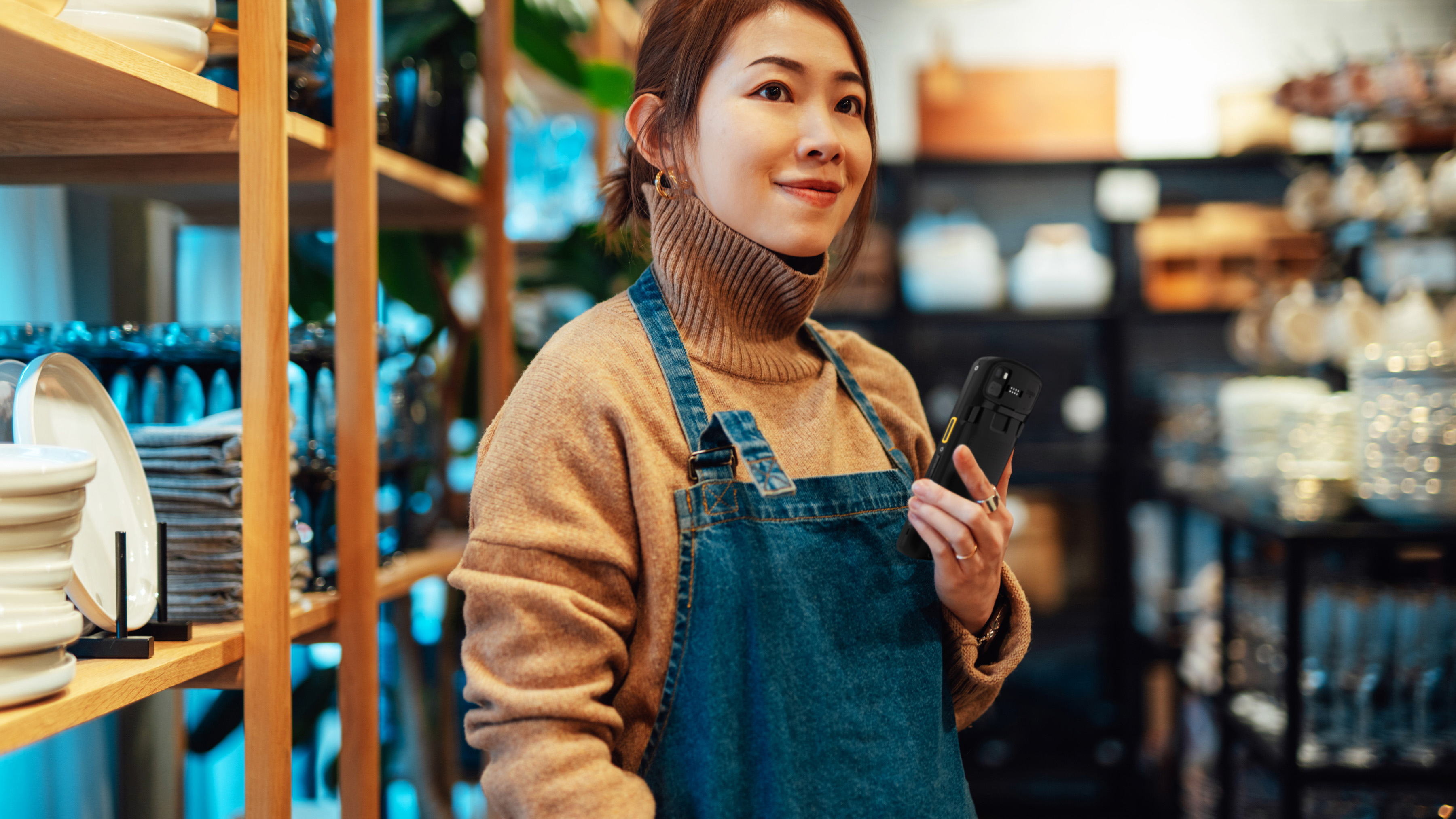 Front of house retail employee using a Zebra handheld mobile computer in a homeware store.