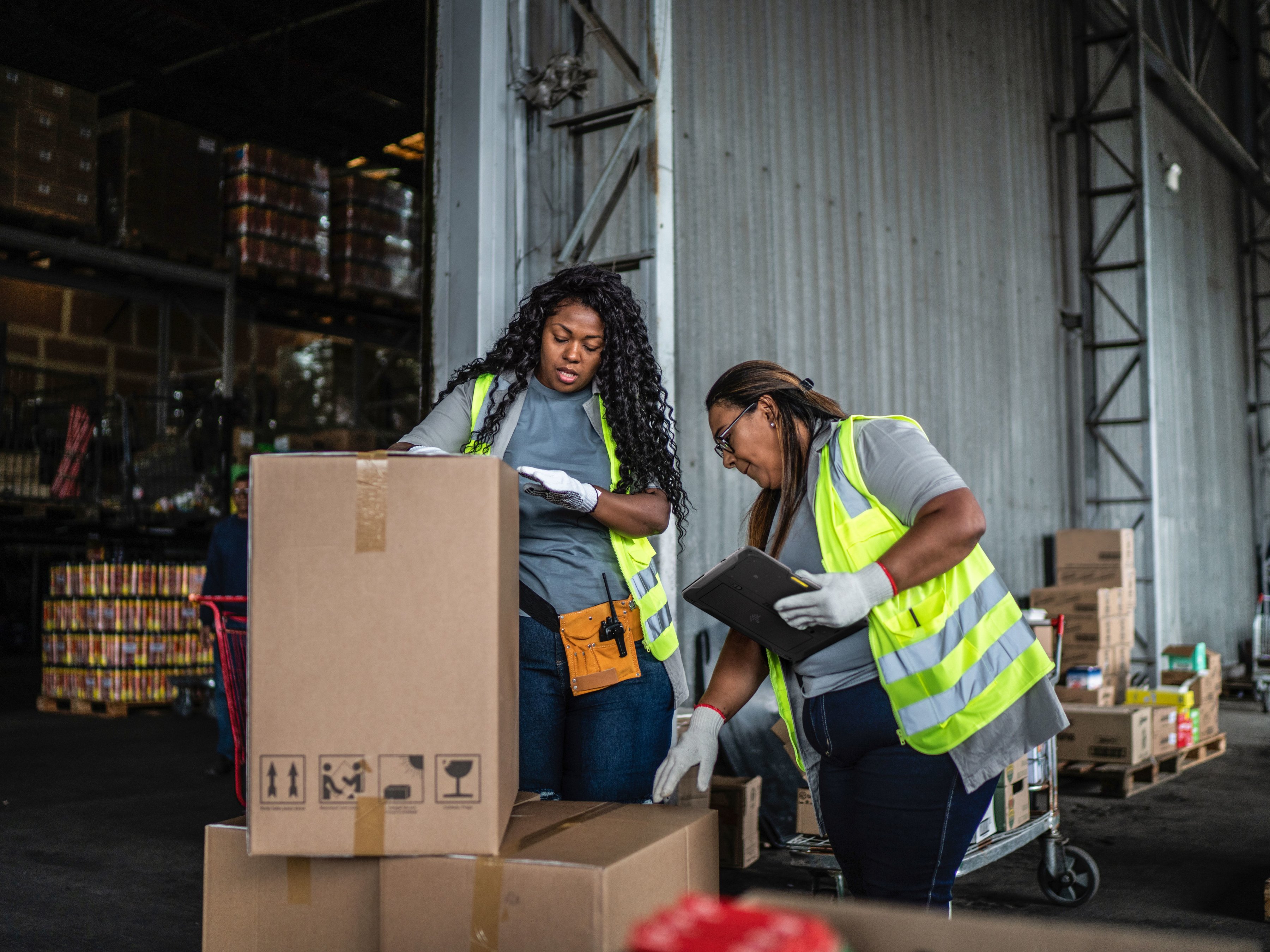 Two employees inspecting boxes for shipping inside of a warehouse facility.