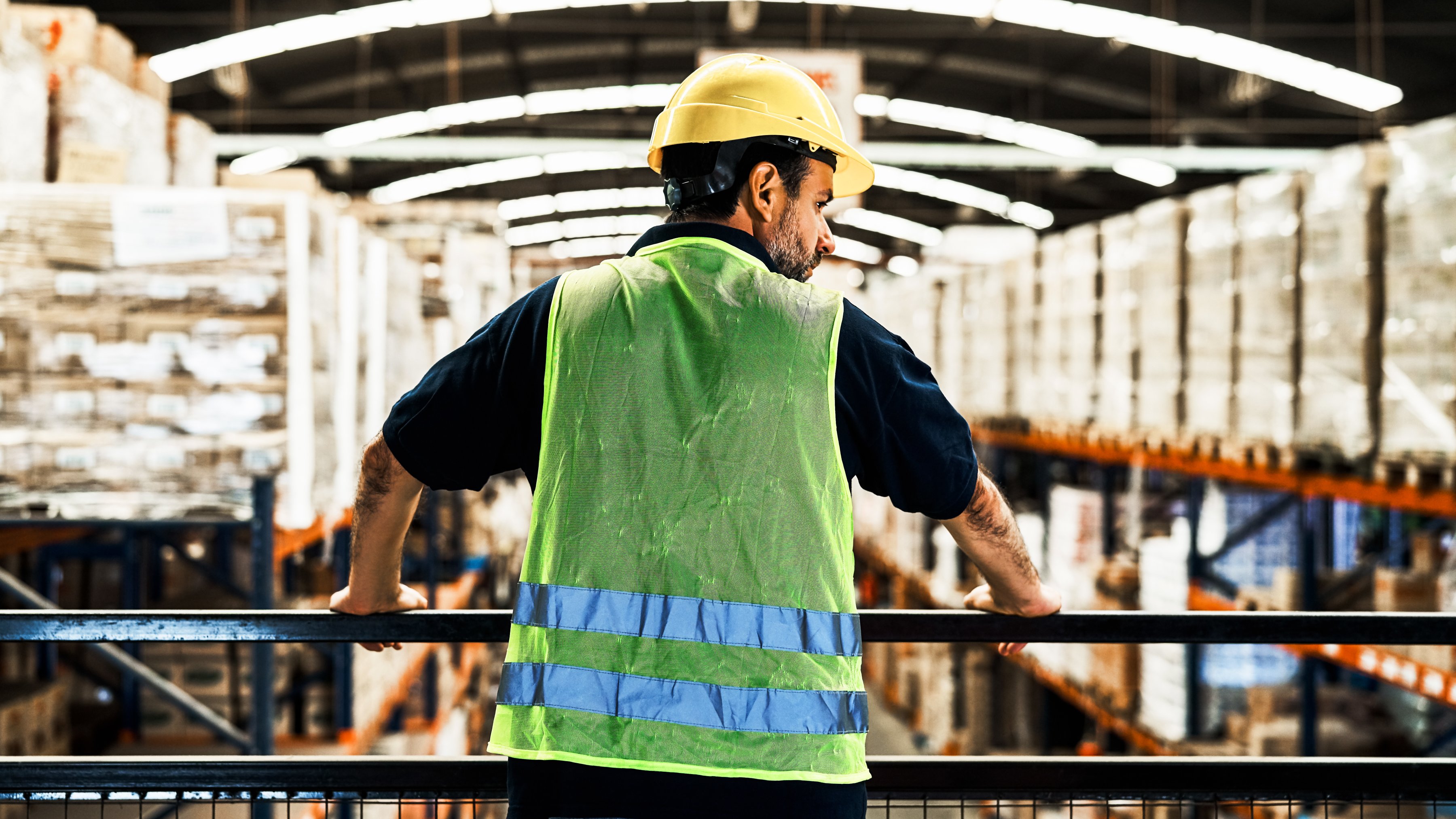 Worker standing on an elevated walkway looking at the warehouse floor.
