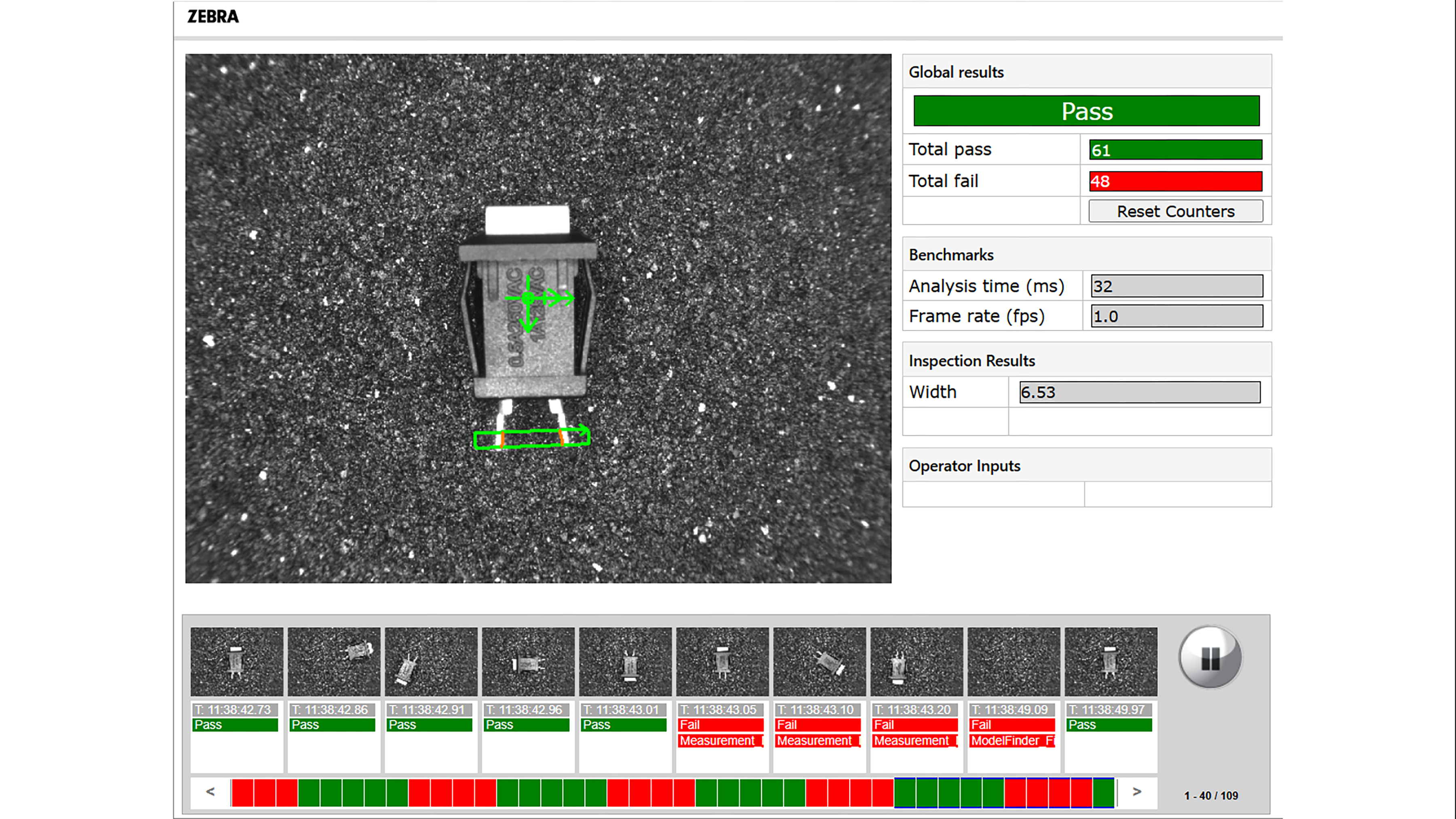 Machine vision interface displaying automated connector inspection, measurement results, and real-time pass/fail classification within an industrial quality control workflow.