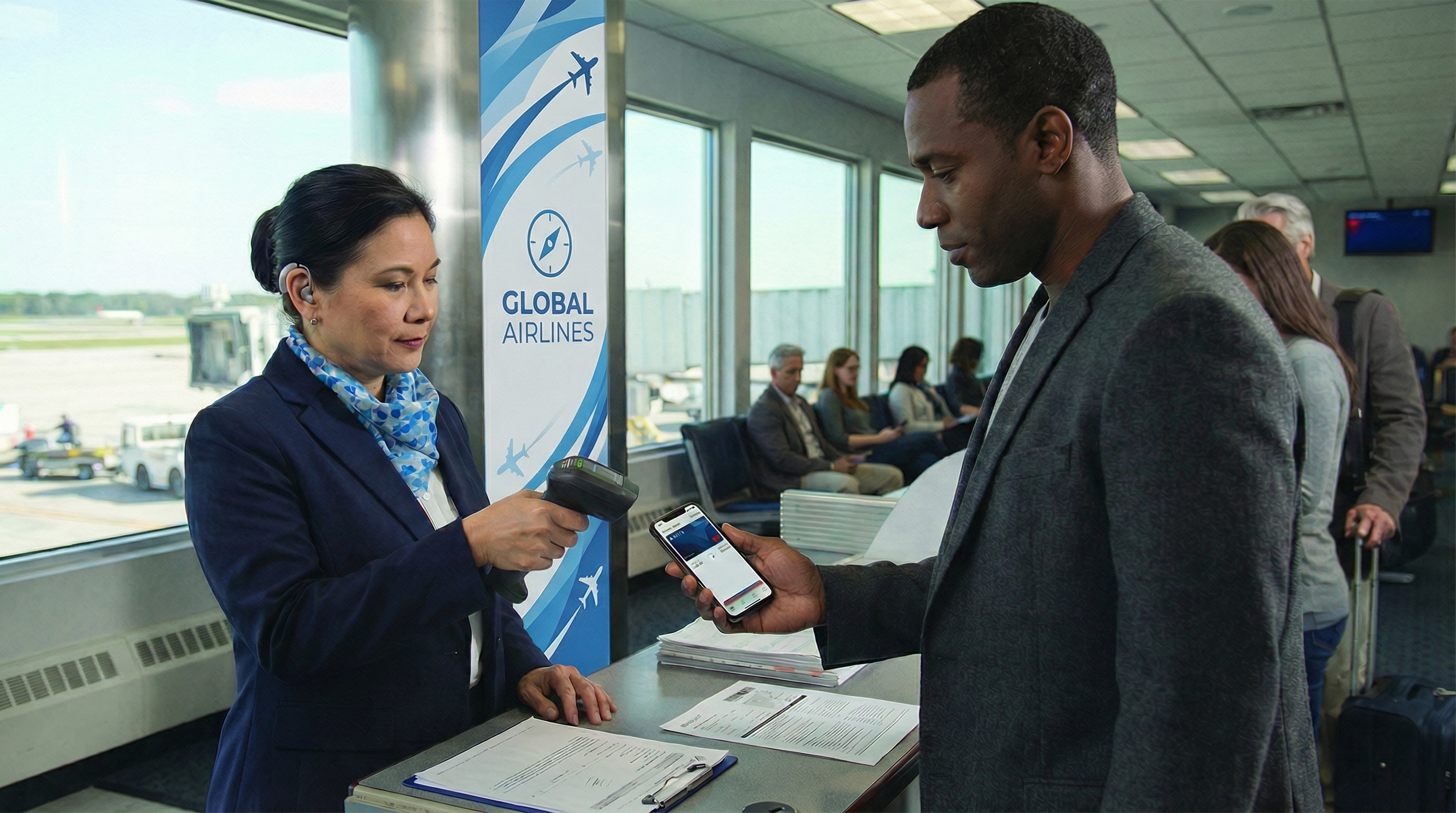 An airline gate agent uses a DS8200 Series scanner to scan a passenger's boarding pass.