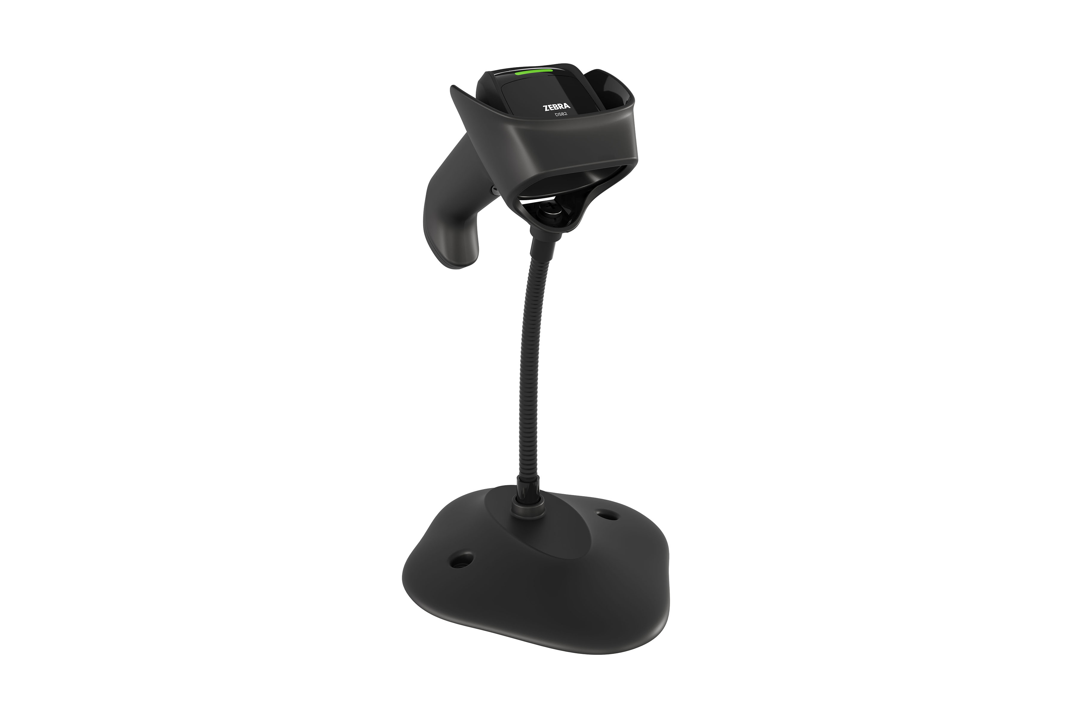 DS8208 handheld scanner in a gooseneck cradle stand.