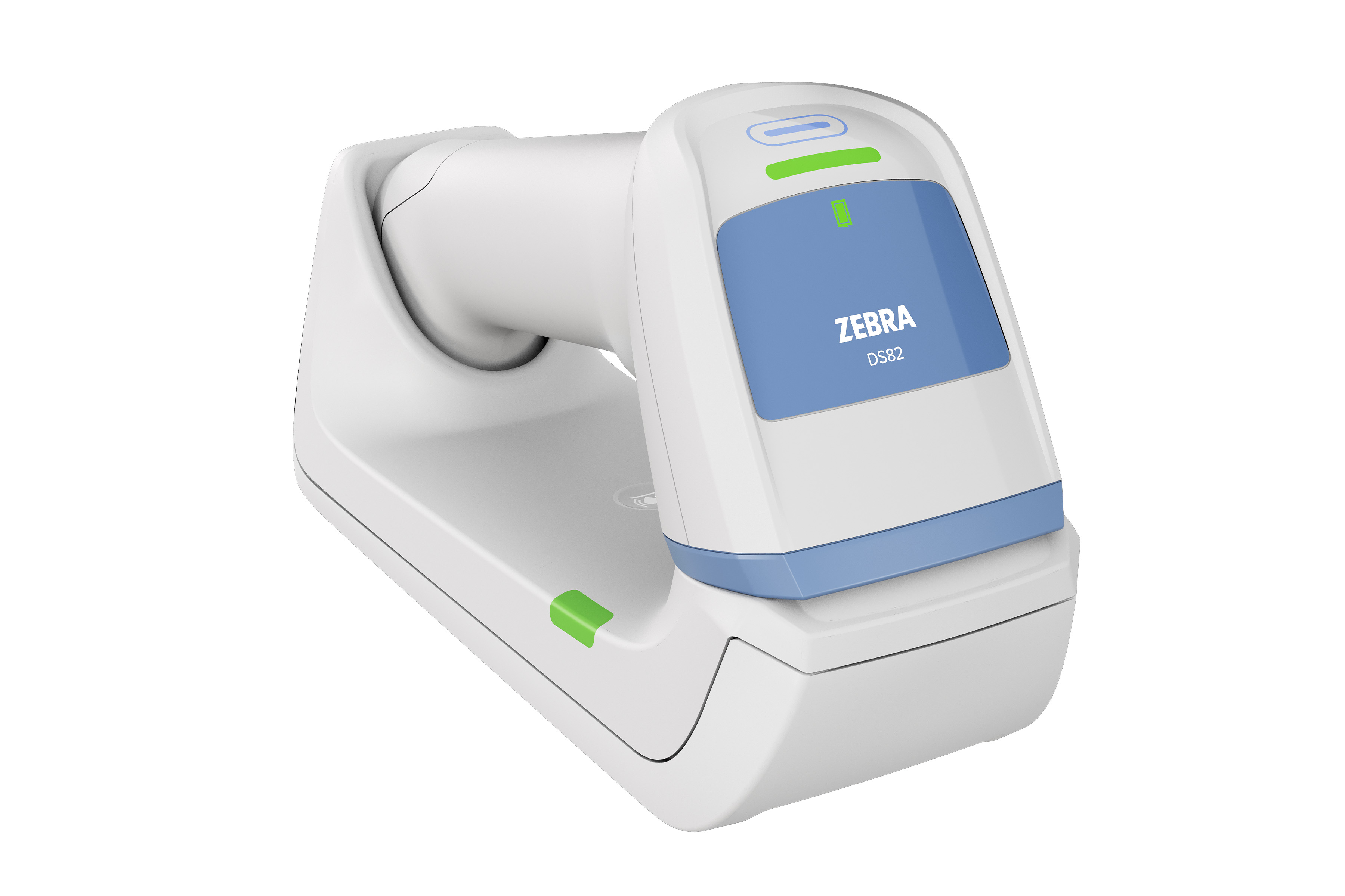 DS8288-HC handheld scanner in standard cradle facing front right.